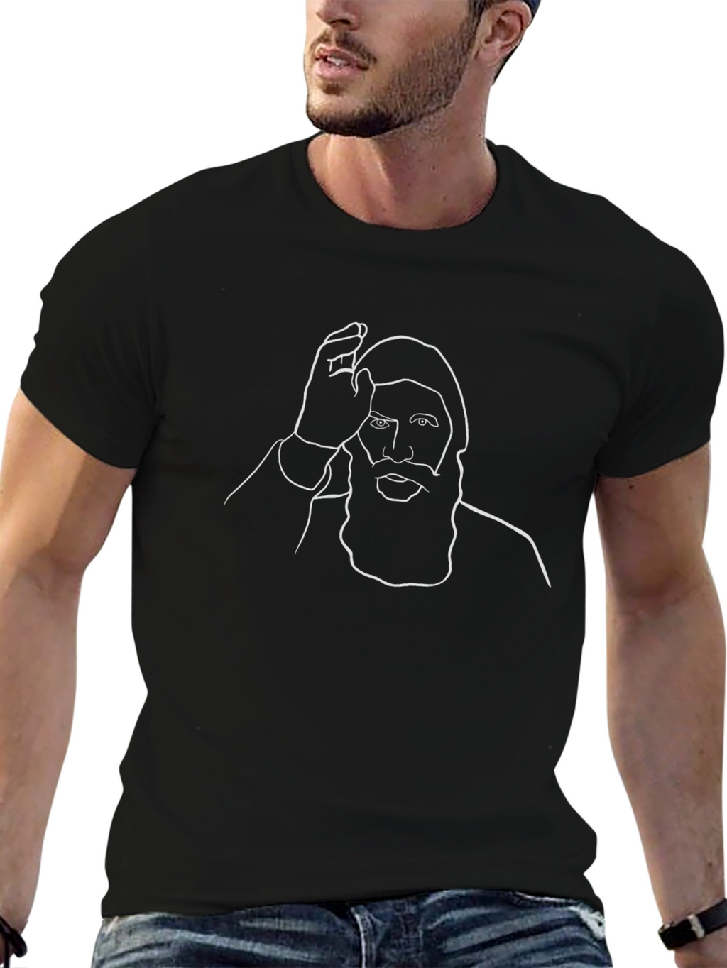 Line Art Bearded Man Black T-Shirt