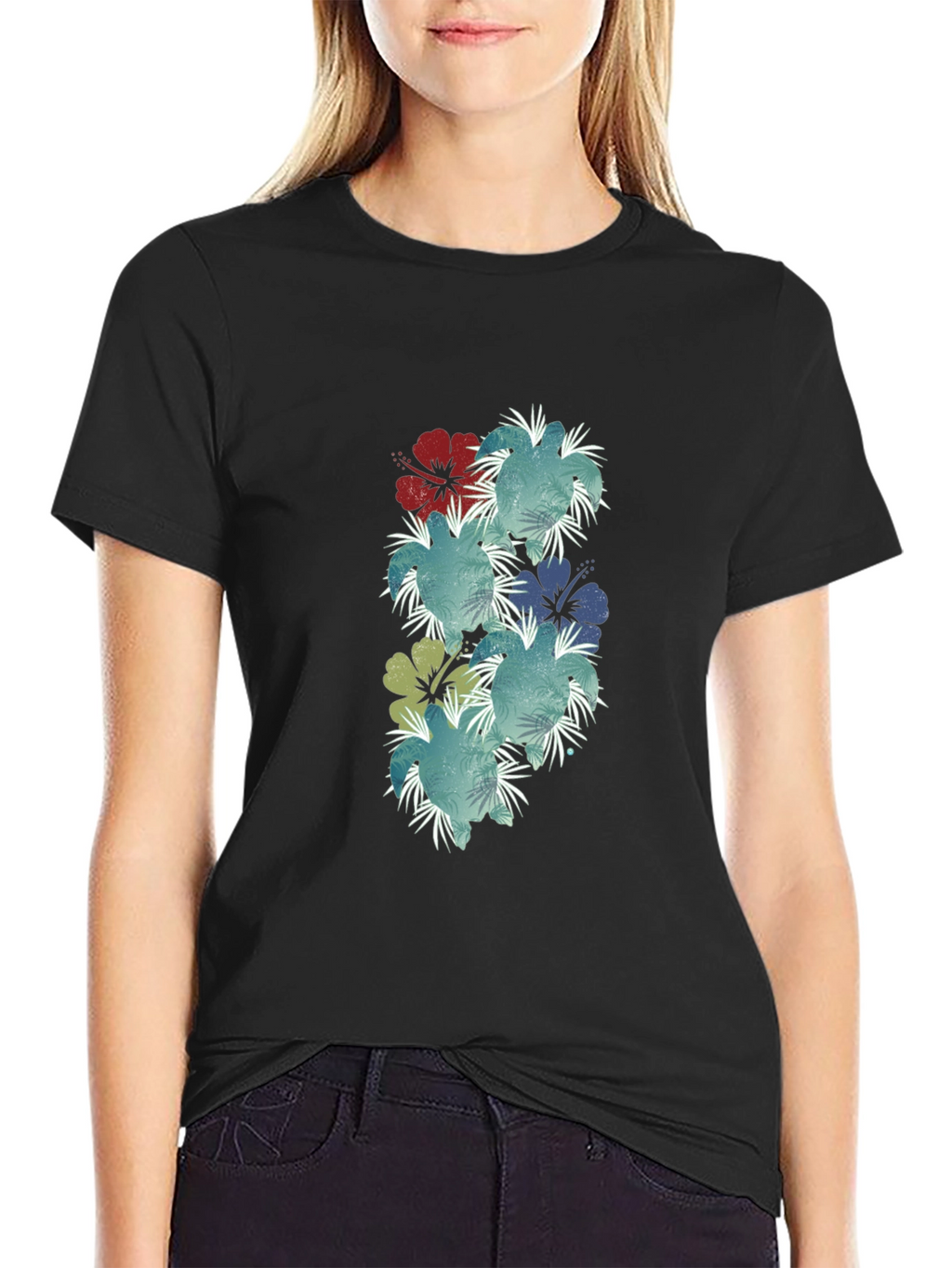Floral Hibiscus Print Black T-Shirt