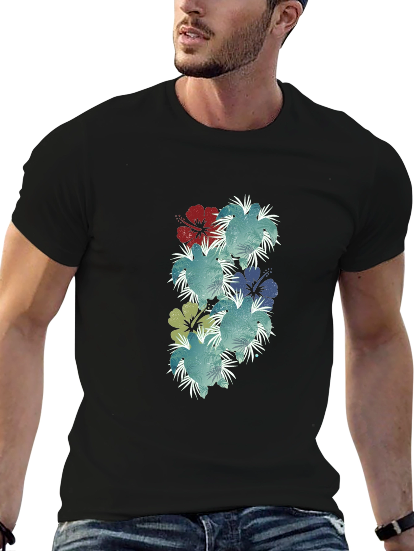 Floral Hibiscus Print Black T-Shirt