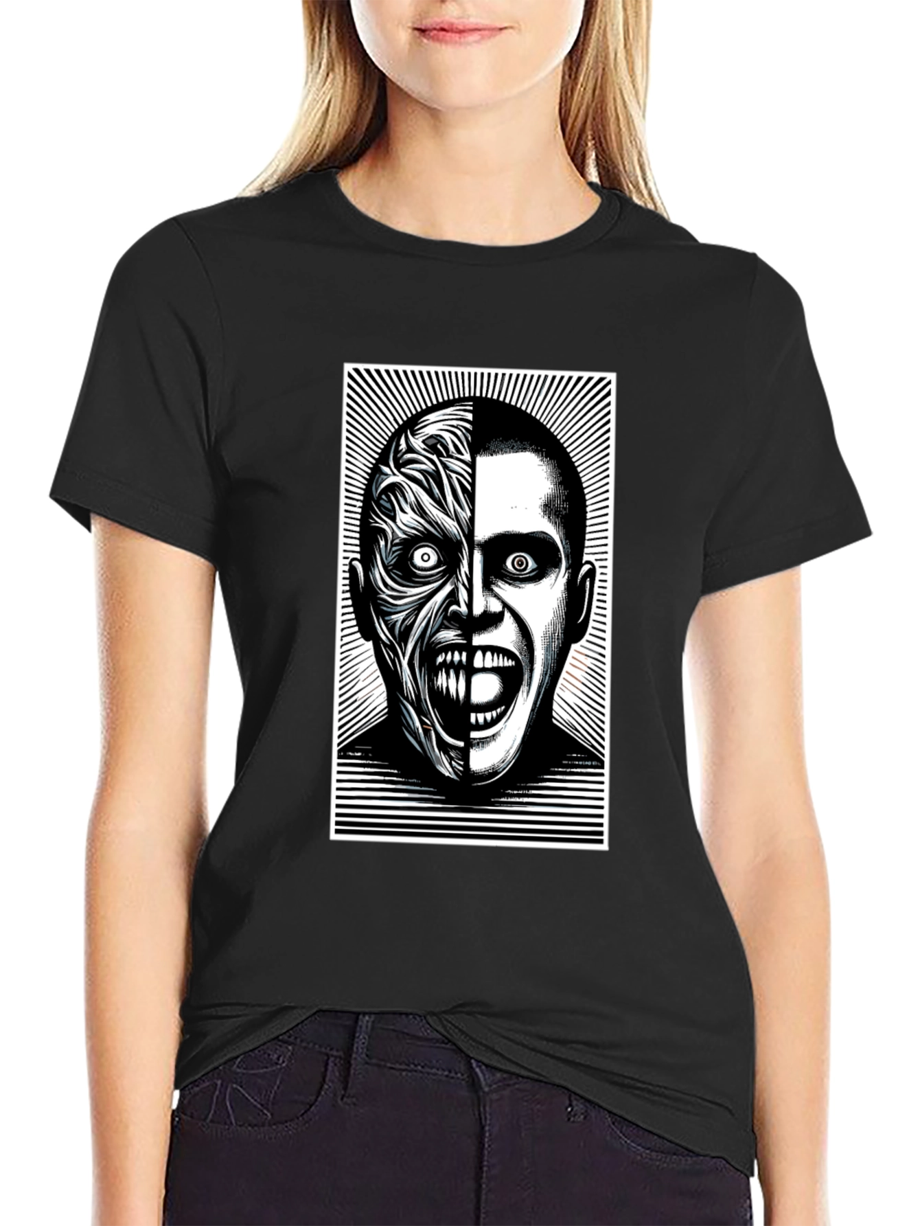 Two-Faced Graphic Tee - Black Cotton Blend