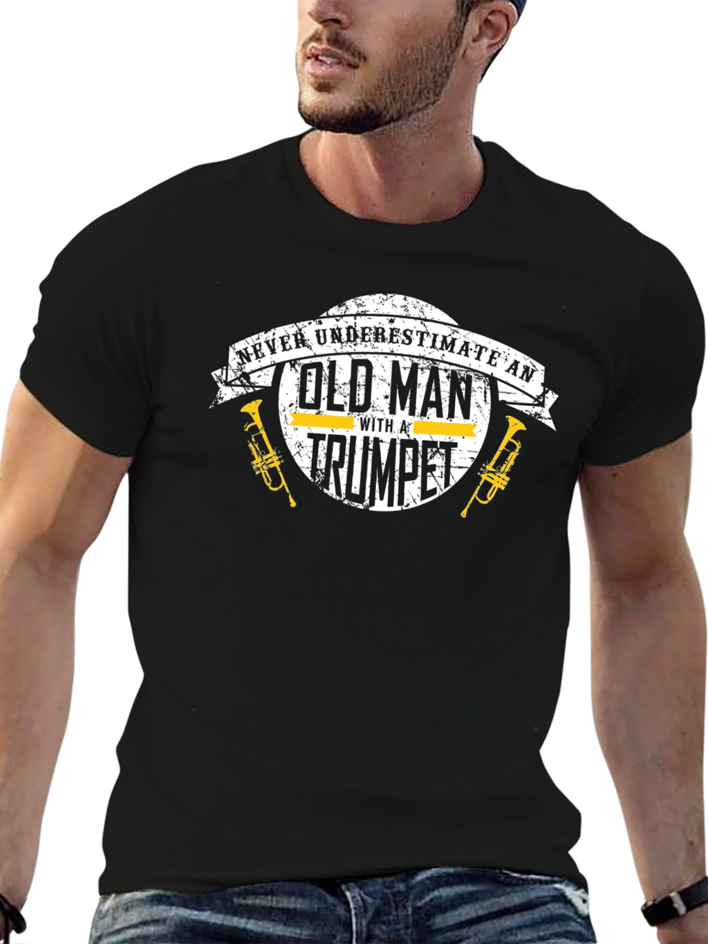Never Underestimate Old Man With Trumpet Black T-Shirt
