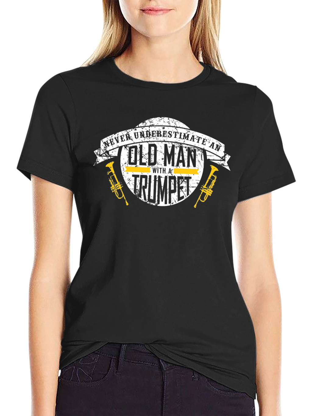 Never Underestimate Old Man With Trumpet Black T-Shirt