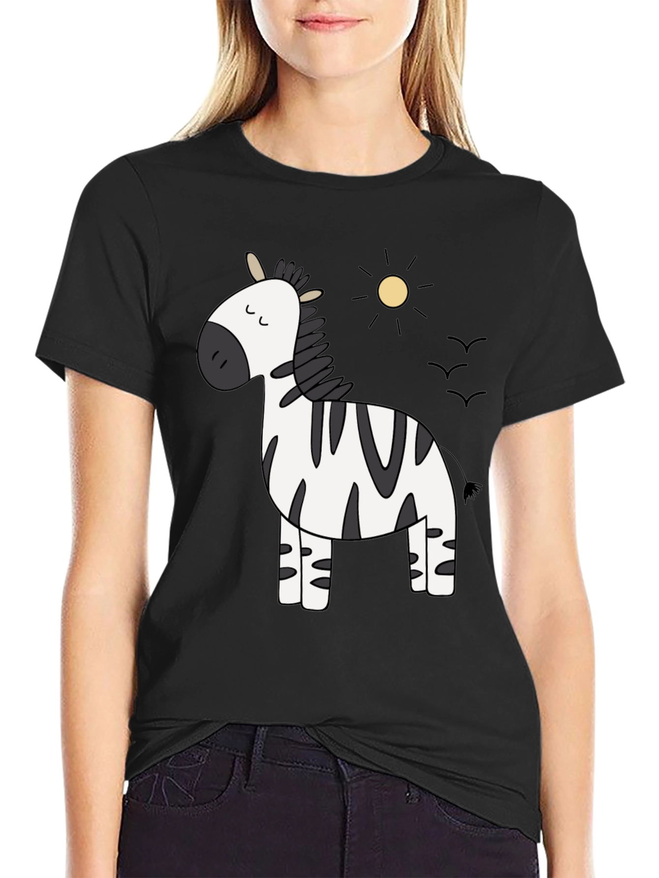 Cute Zebra Cartoon Graphic Black T-Shirt