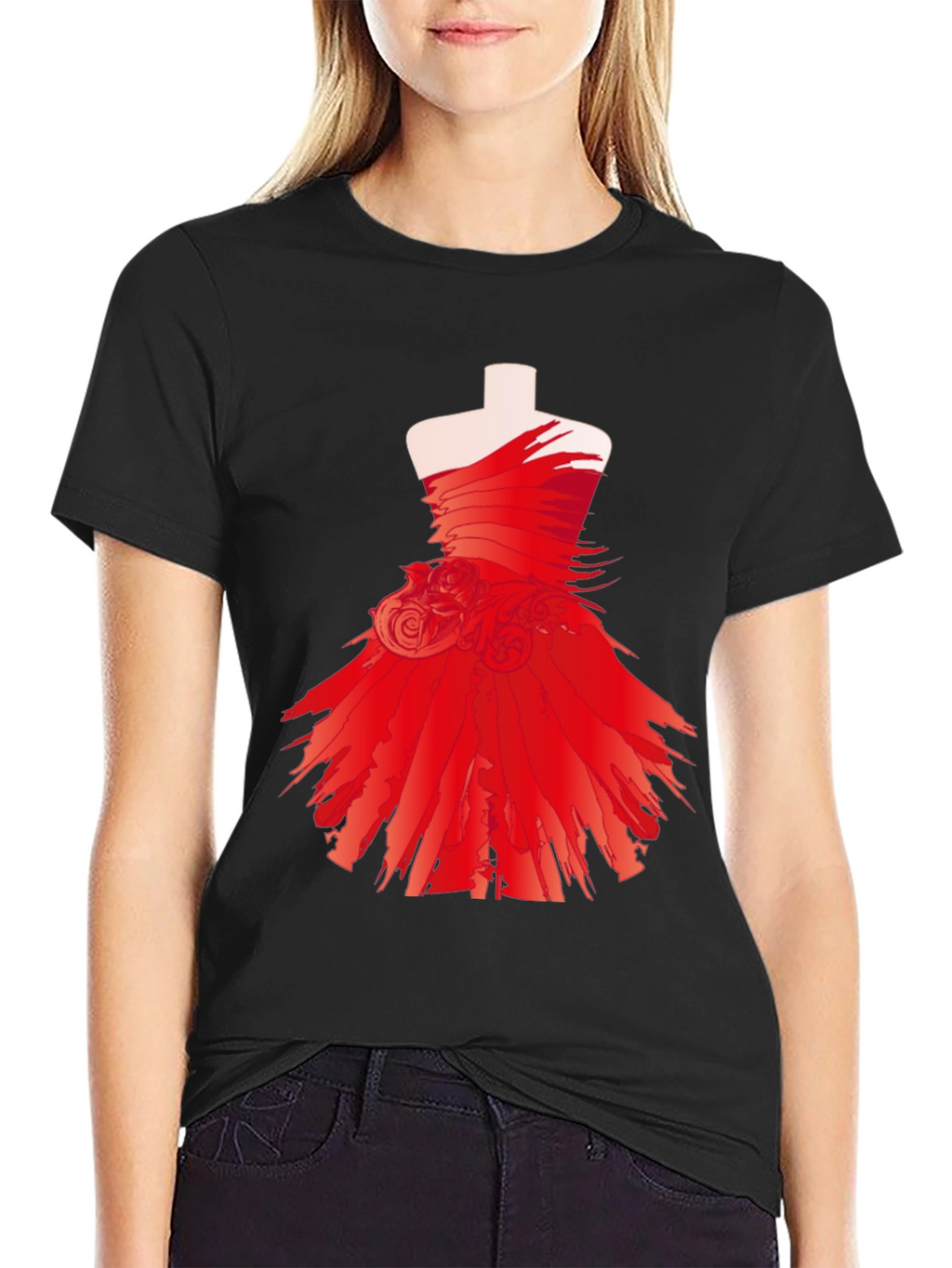 Statement Black Tee with Red Dress Design
