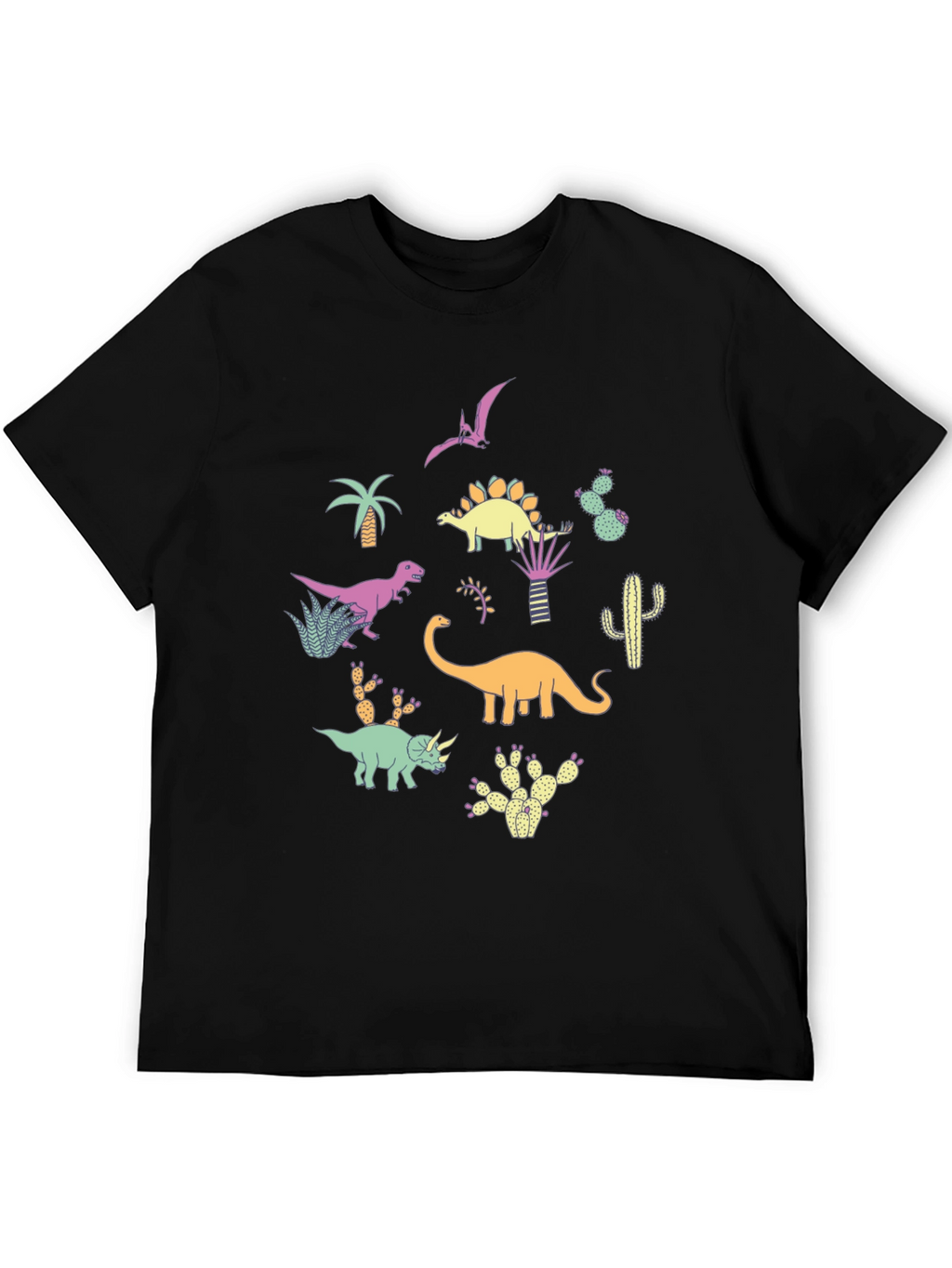 Dinosaur & Cactus Print Black T-Shirt