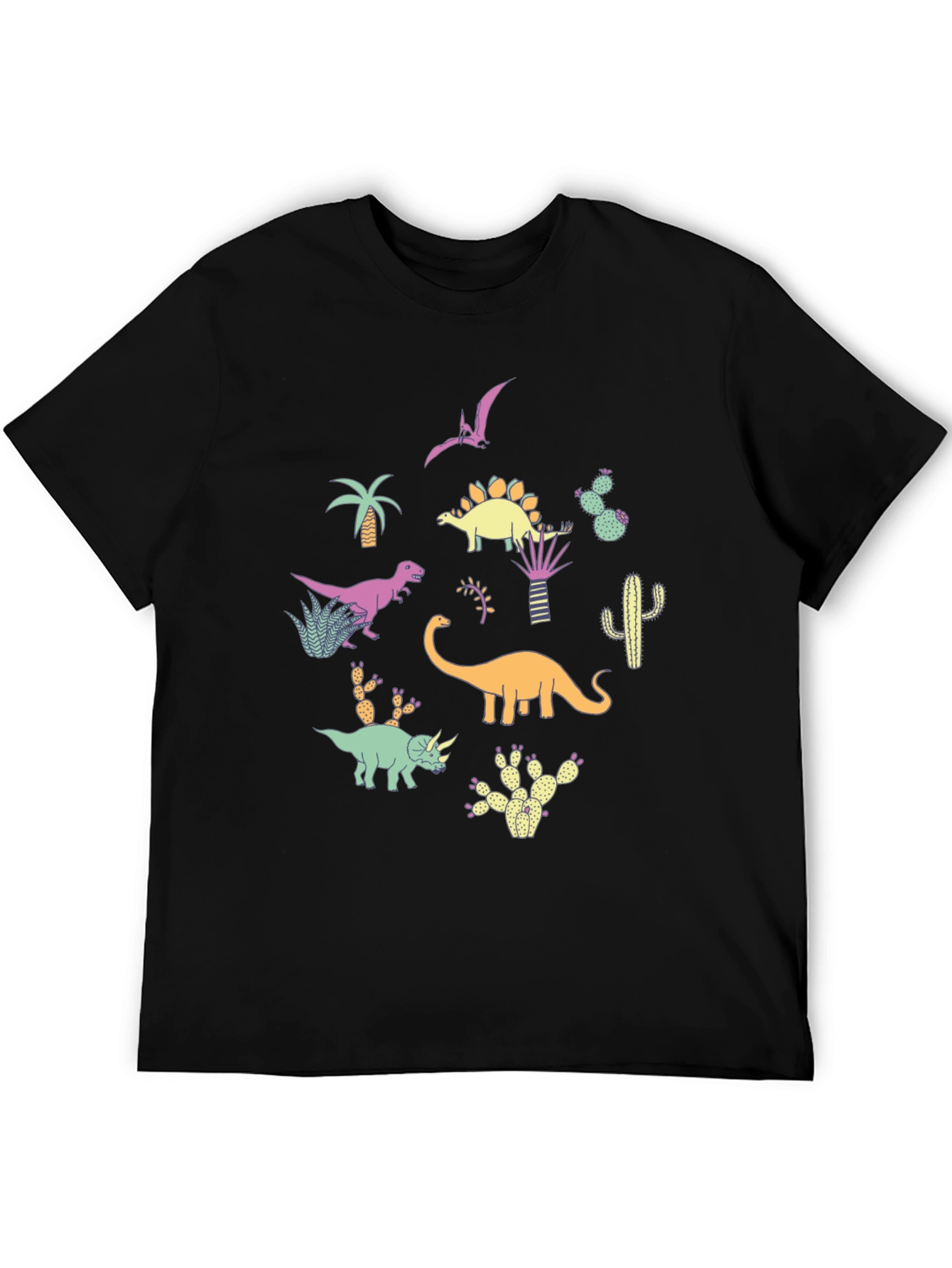 Dinosaur & Cactus Print Black T-Shirt