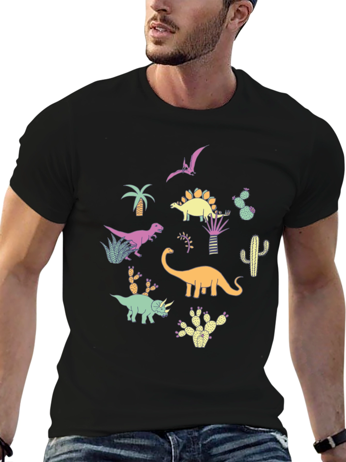 Dinosaur & Cactus Print Black T-Shirt