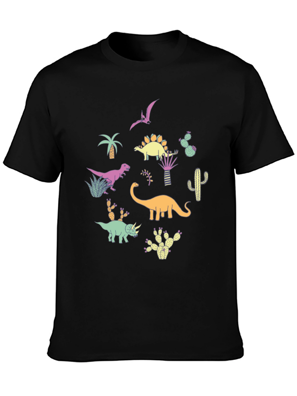 Dinosaur & Cactus Print Black T-Shirt
