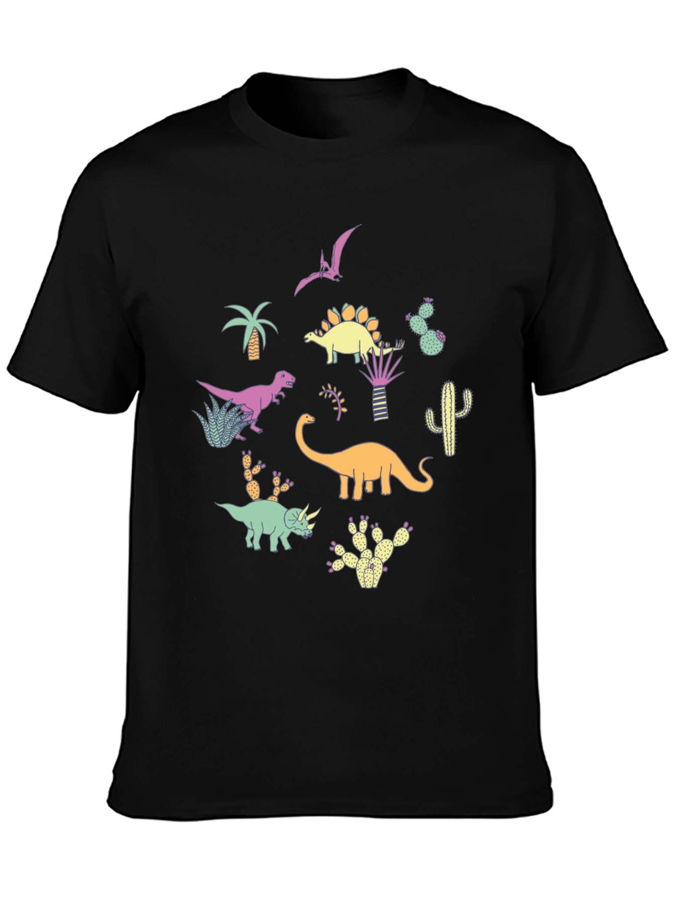Dinosaur & Cactus Print Black T-Shirt