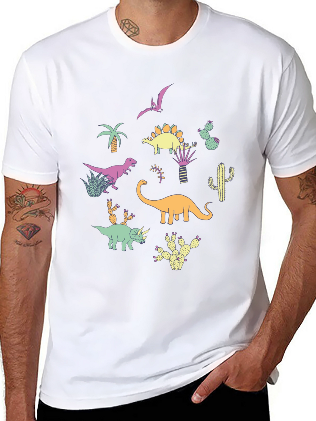 Dinosaur & Cactus Print Black T-Shirt