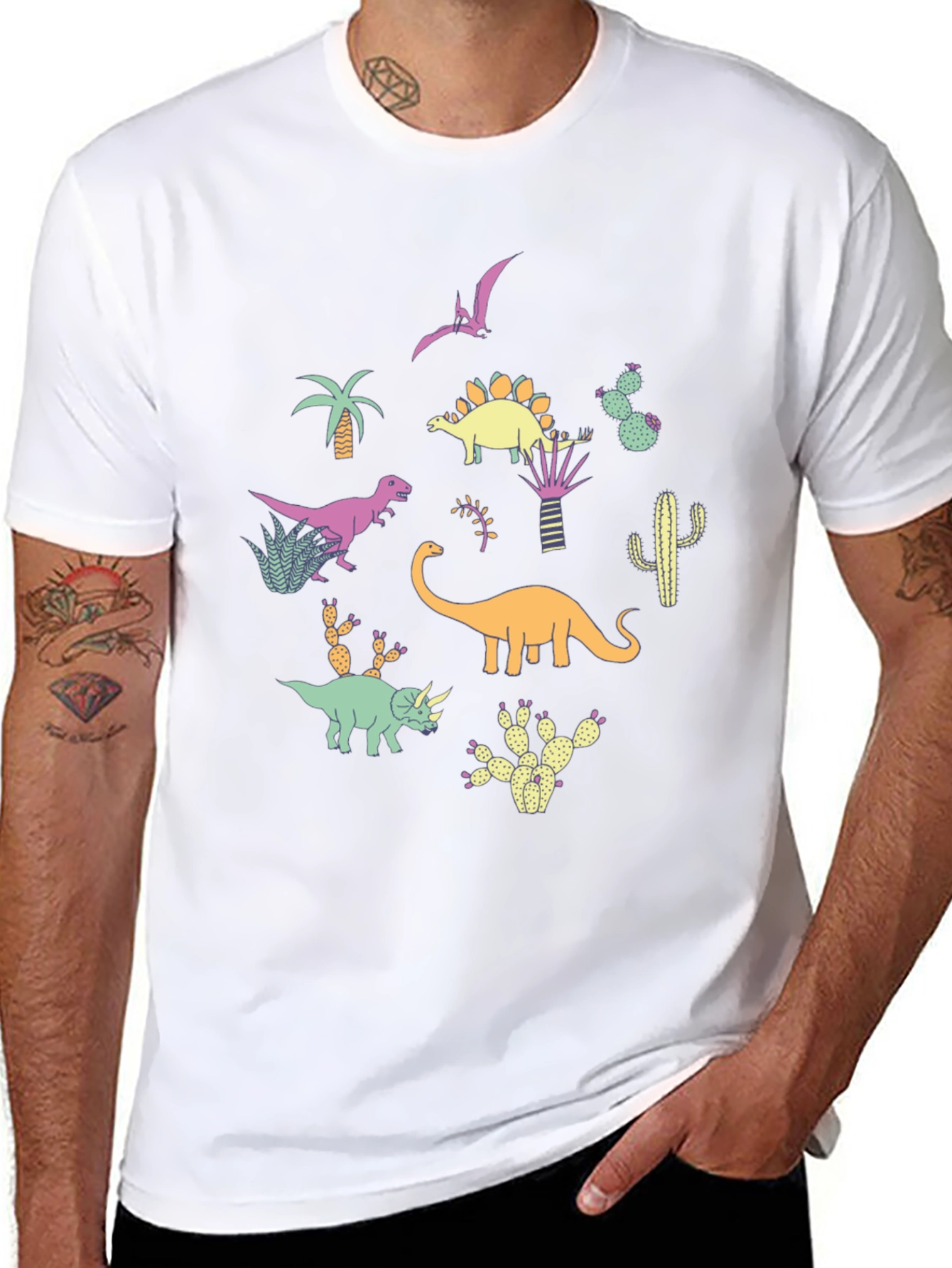 Dinosaur & Cactus Print Black T-Shirt