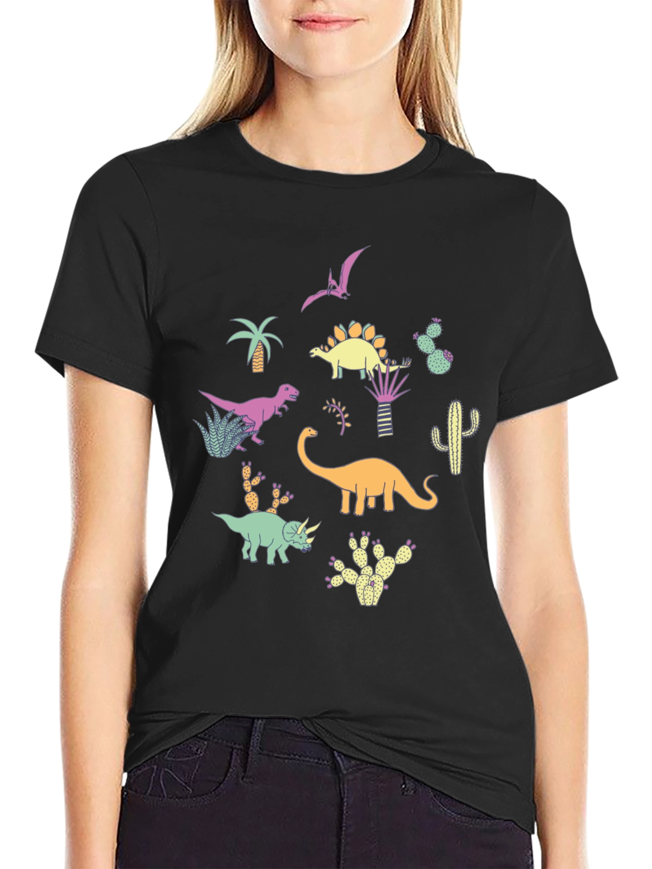 Dinosaur & Cactus Print Black T-Shirt