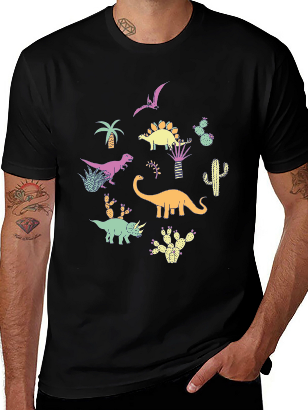 Dinosaur & Cactus Print Black T-Shirt