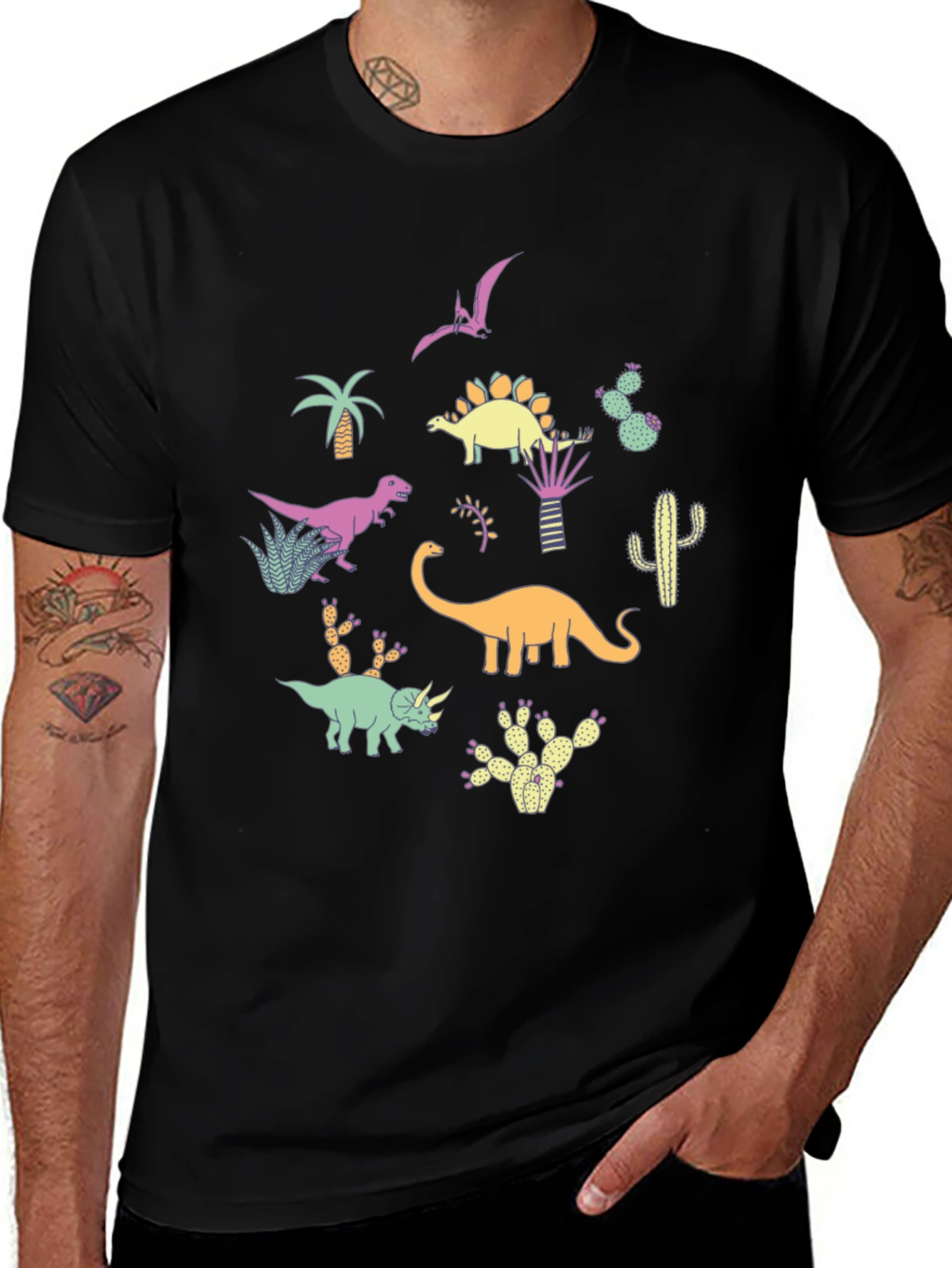 Dinosaur & Cactus Print Black T-Shirt