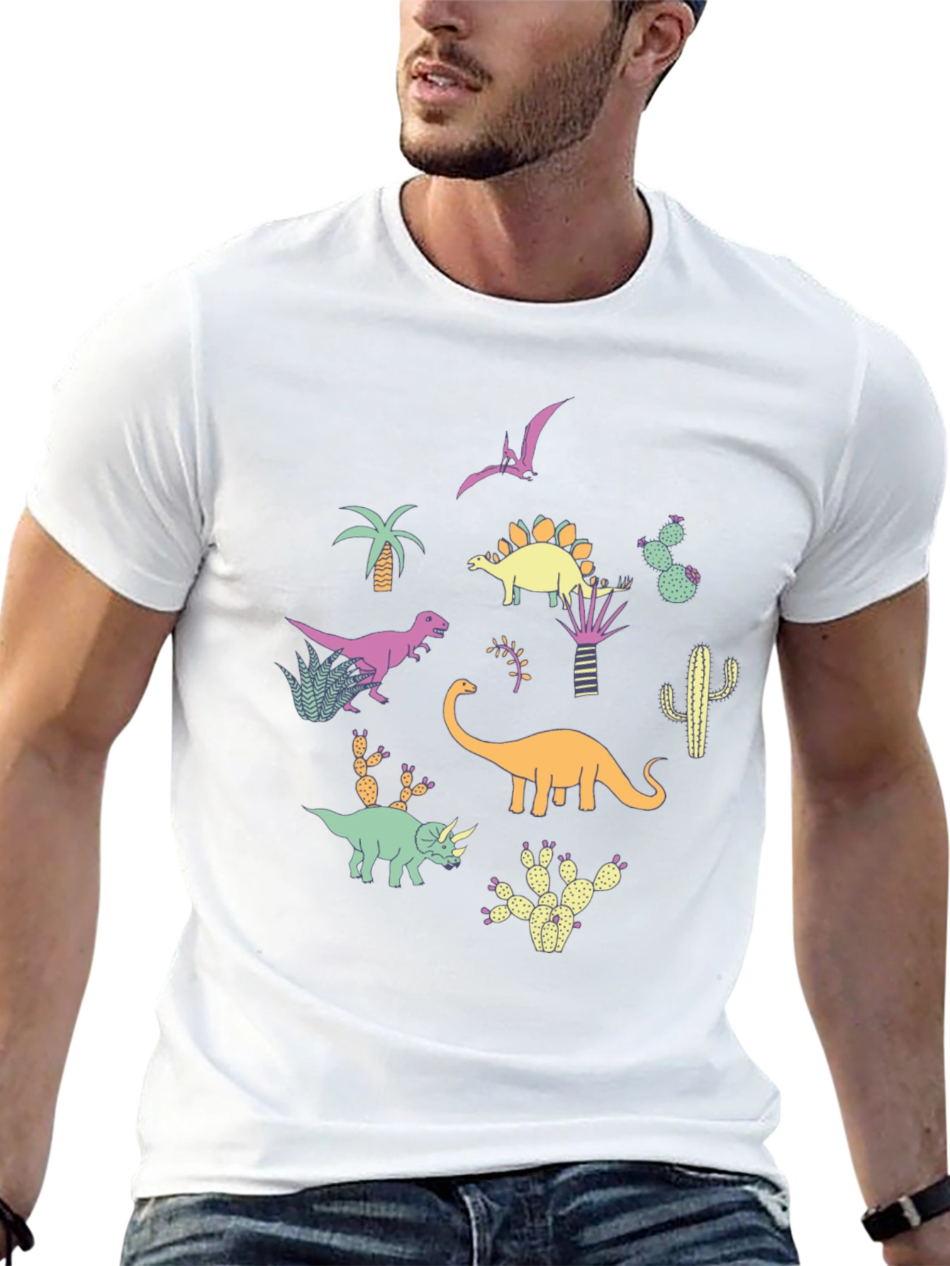Dinosaur & Cactus Print Black T-Shirt