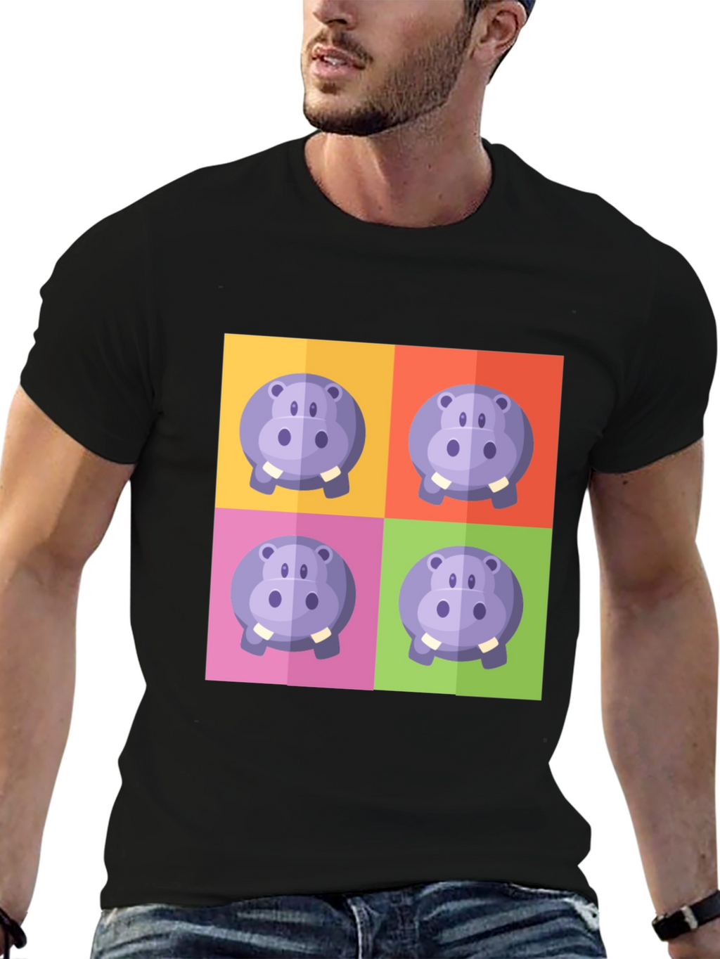 Hippo Pop Art Graphic Black T-Shirt