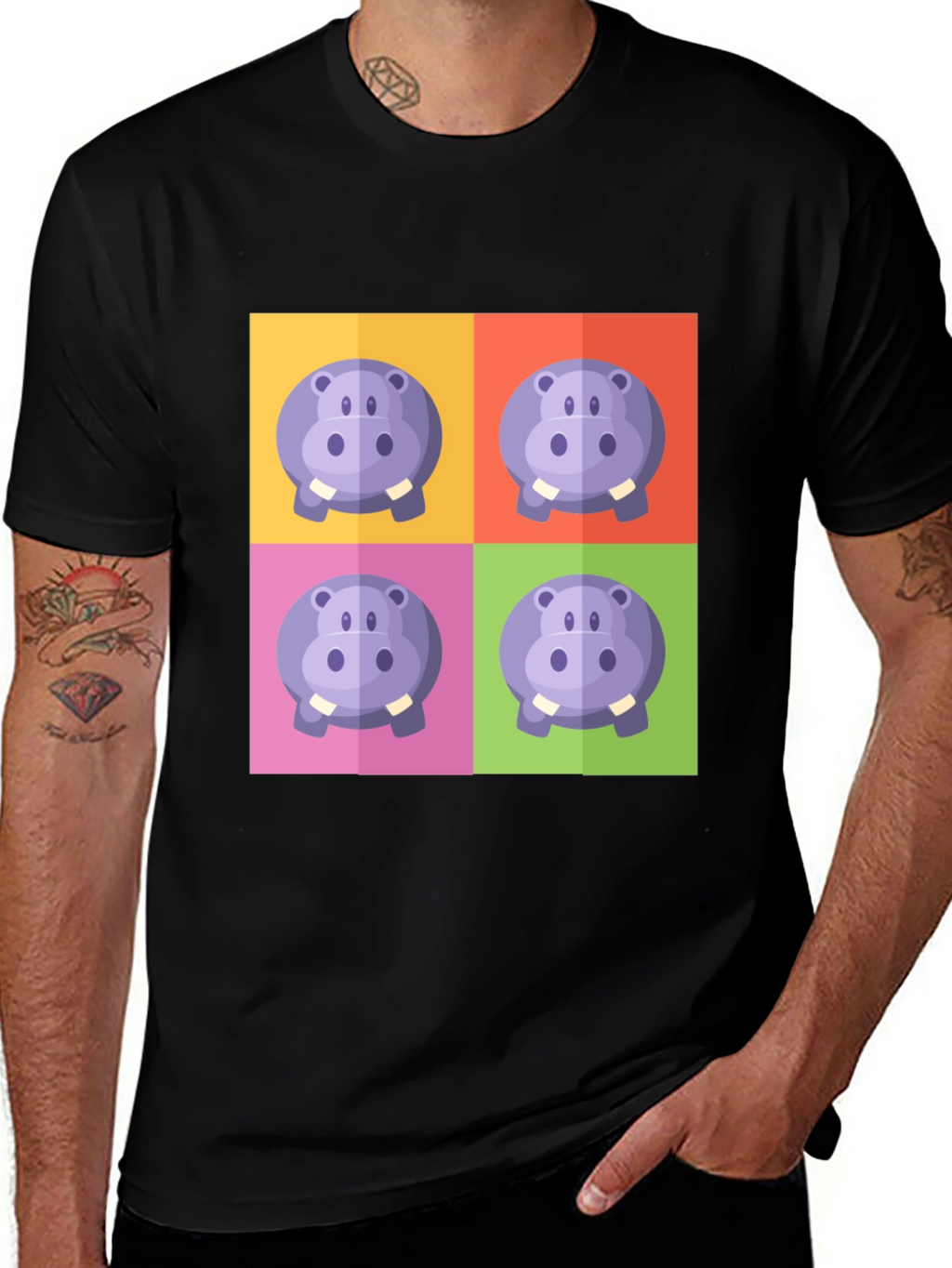 Hippo Pop Art Graphic Black T-Shirt
