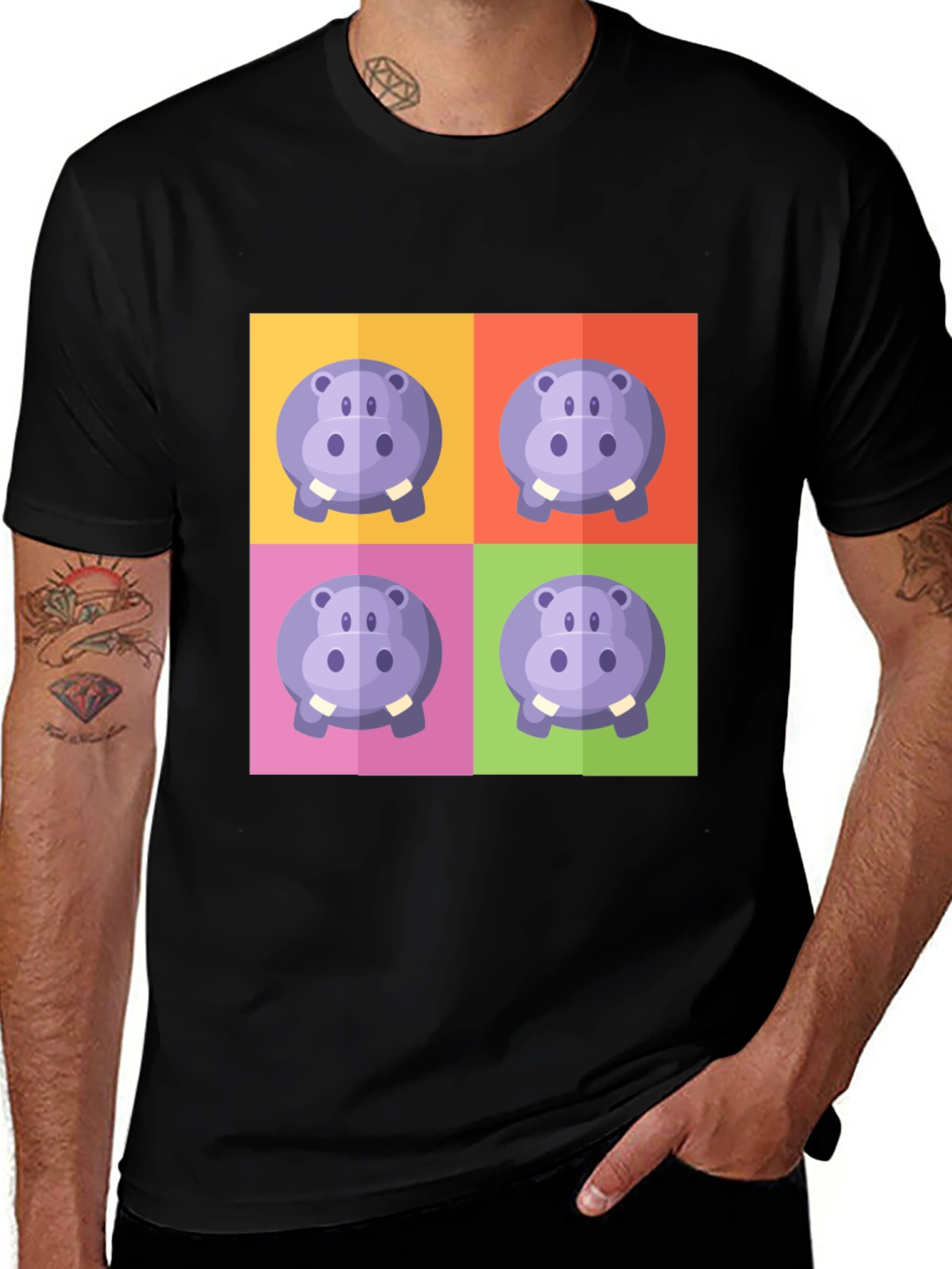 Hippo Pop Art Graphic Black T-Shirt