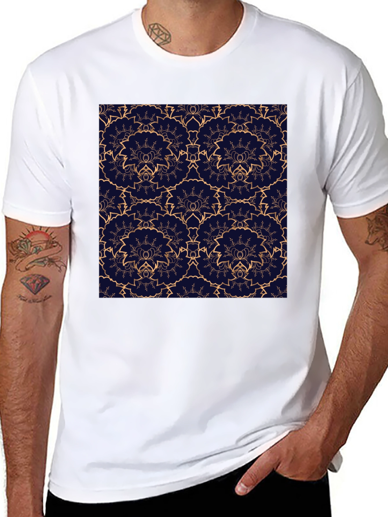 Black Tee with Floral Geometric Print