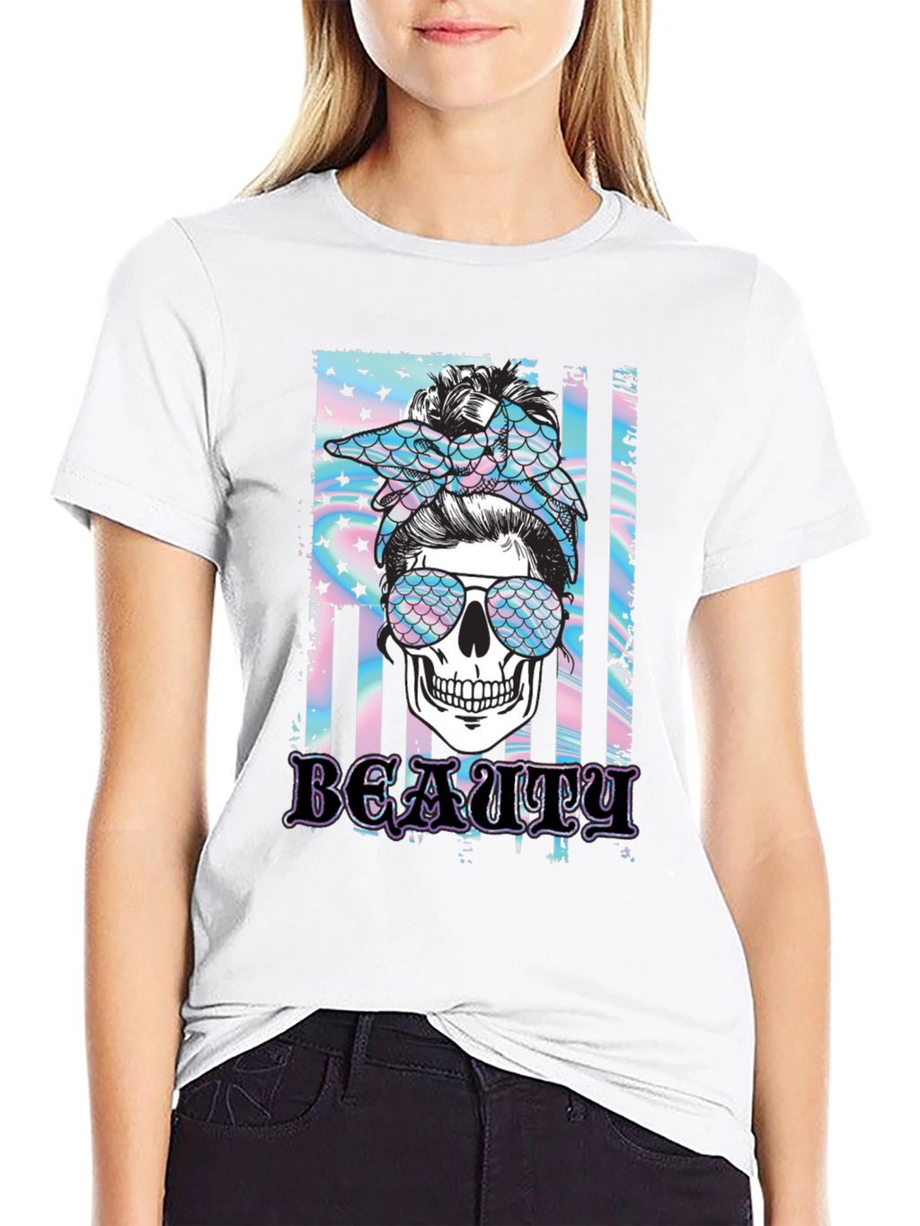 Beauty Skull Graphic Tee - Messy Bun T-Shirt