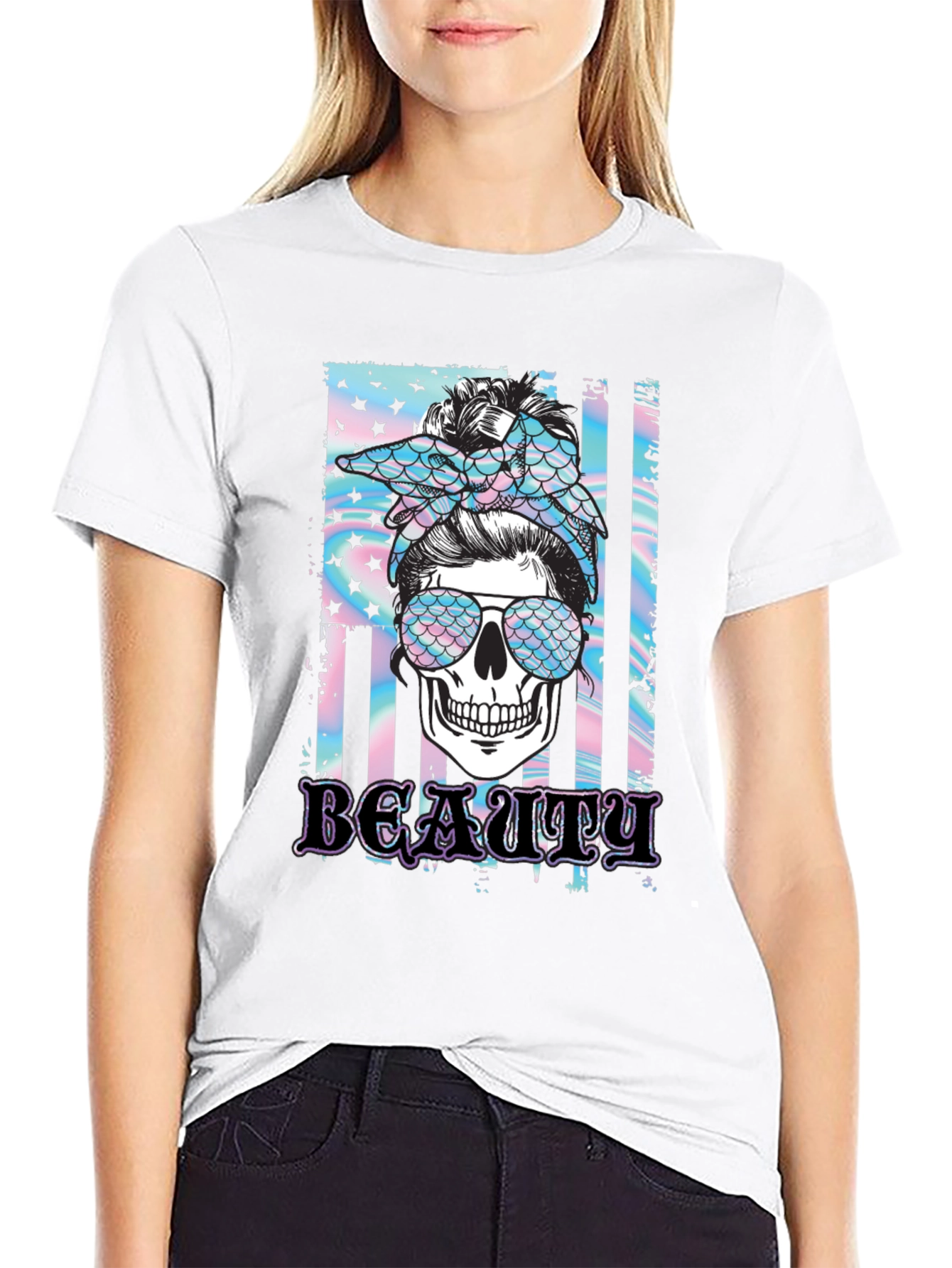 Beauty Skull Graphic Tee - Messy Bun T-Shirt