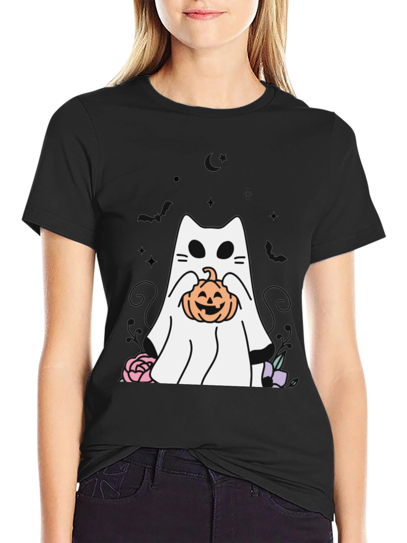 Ghost Cat Pumpkin T-Shirt Halloween Spooky Season