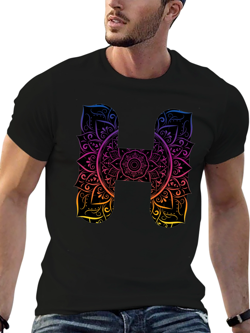 H Mandala Graphic Tee - Black Cotton T-Shirt