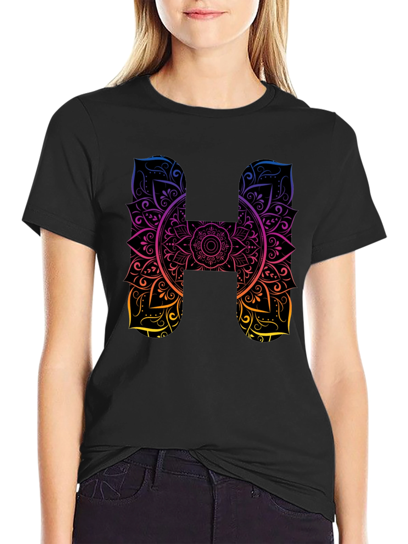 H Mandala Graphic Tee - Black Cotton T-Shirt