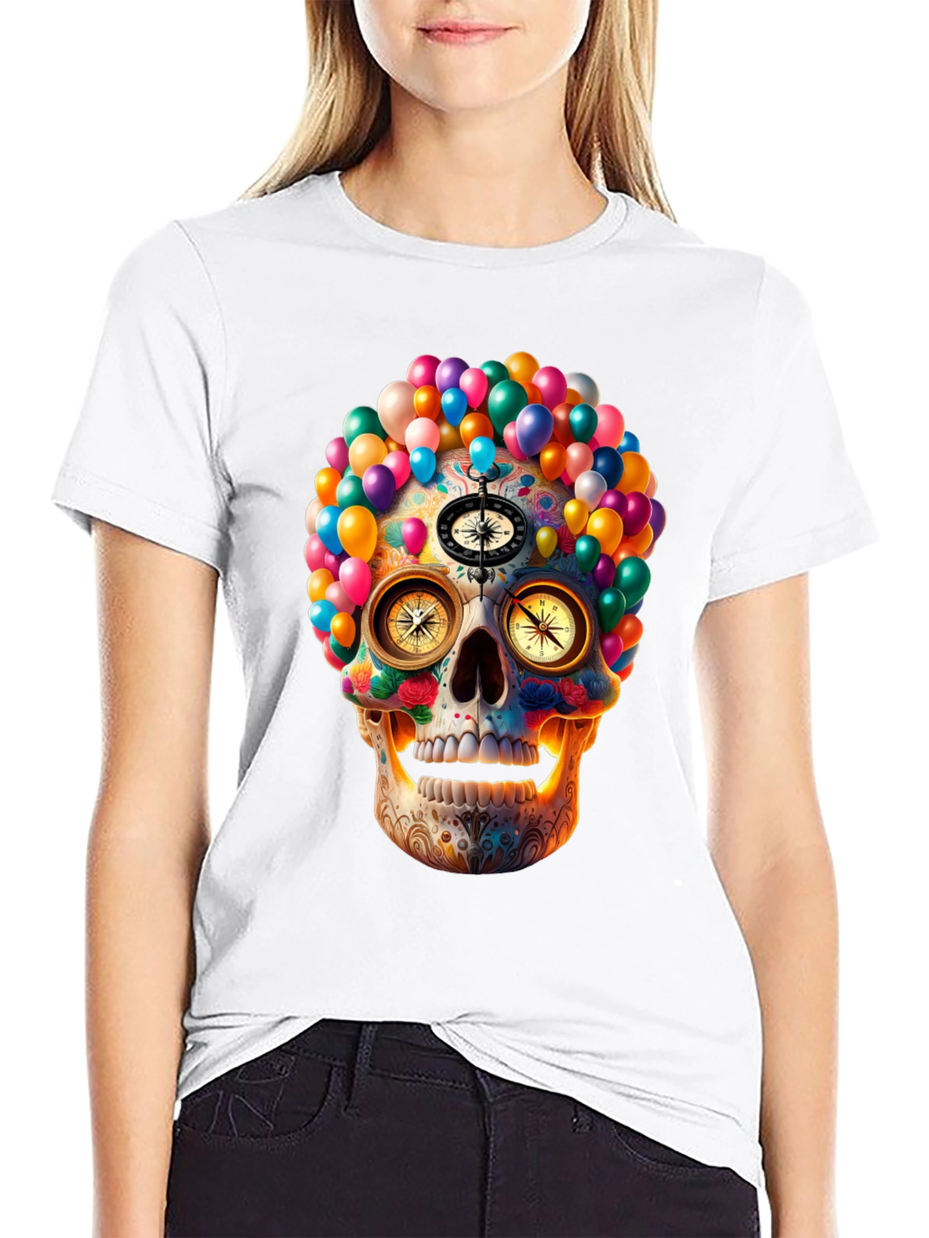 Colorful Skull Compass Graphic T-Shirt
