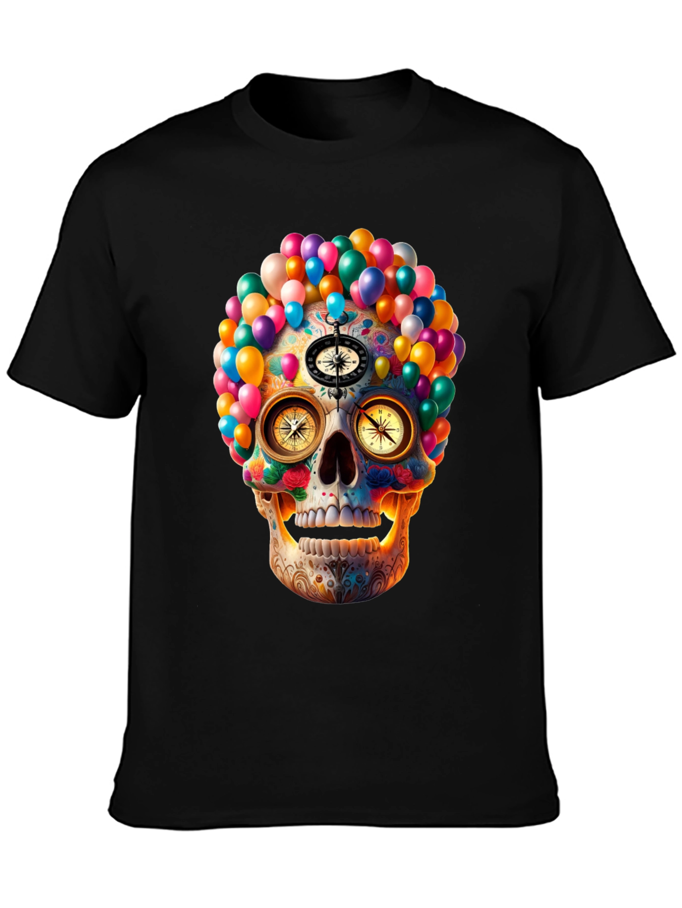 Colorful Skull Compass Graphic T-Shirt