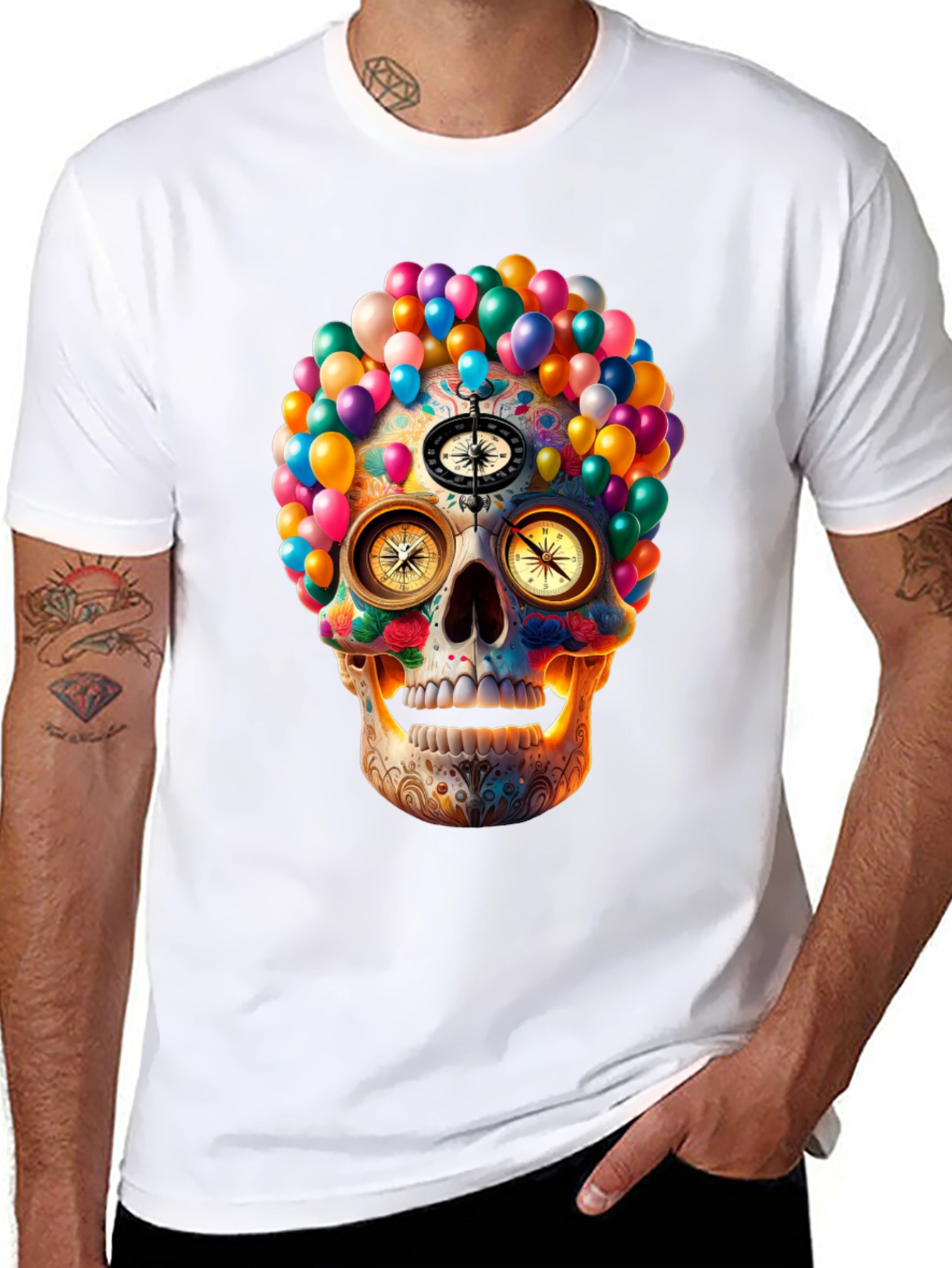 Colorful Skull Compass Graphic T-Shirt