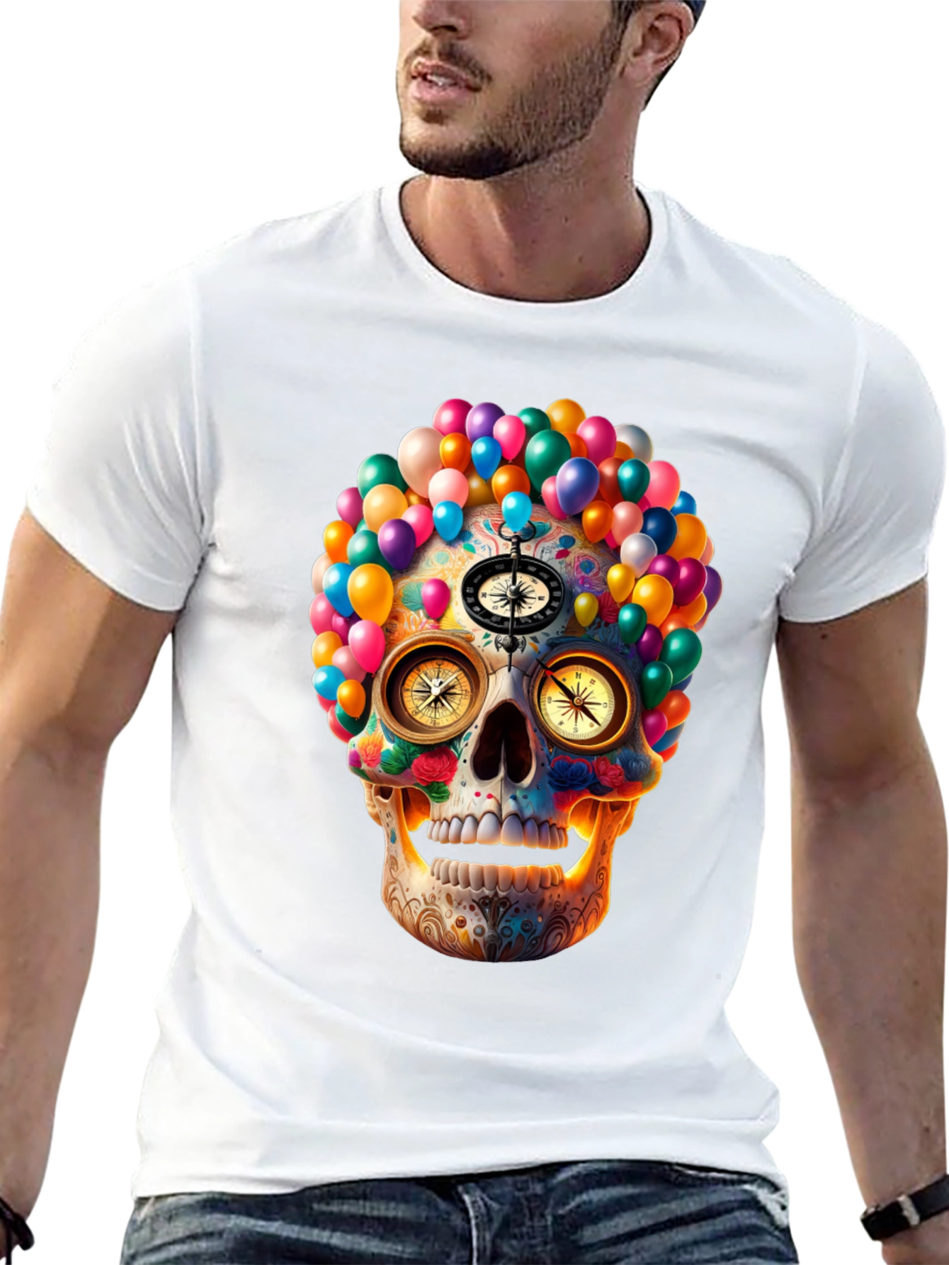 Colorful Skull Compass Graphic T-Shirt