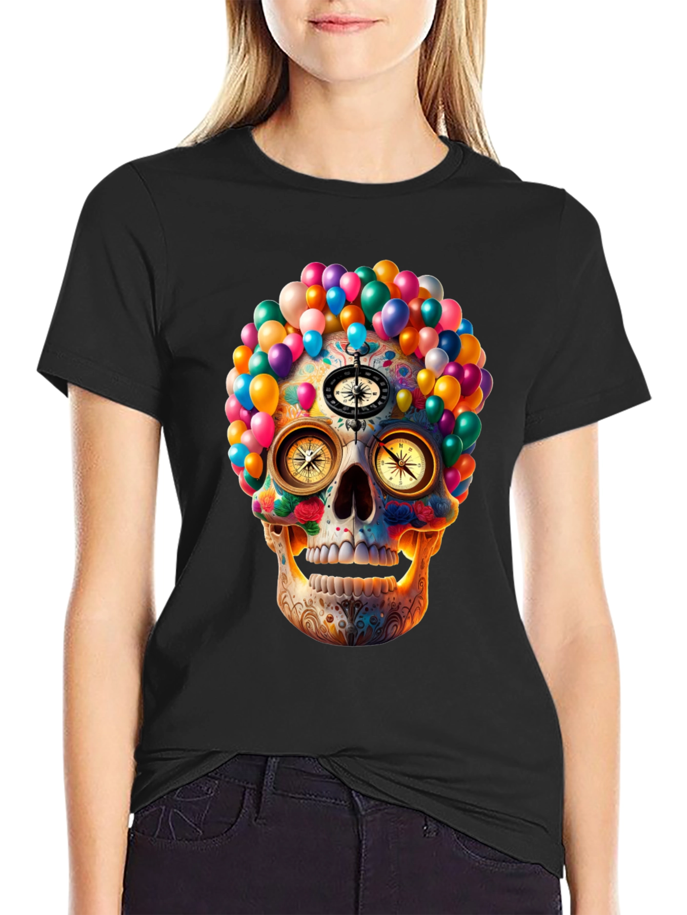 Colorful Skull Compass Graphic T-Shirt