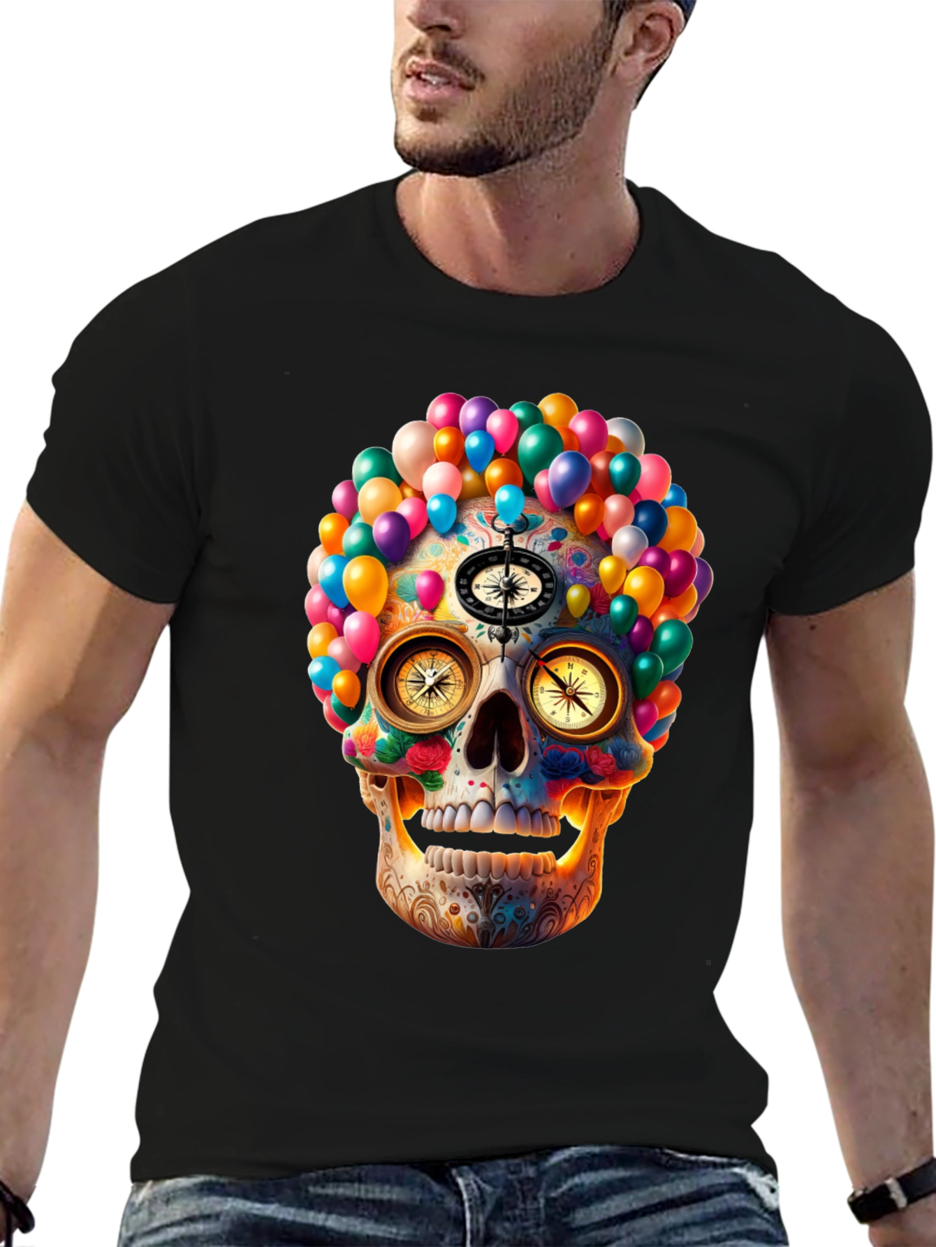 Colorful Skull Compass Graphic T-Shirt