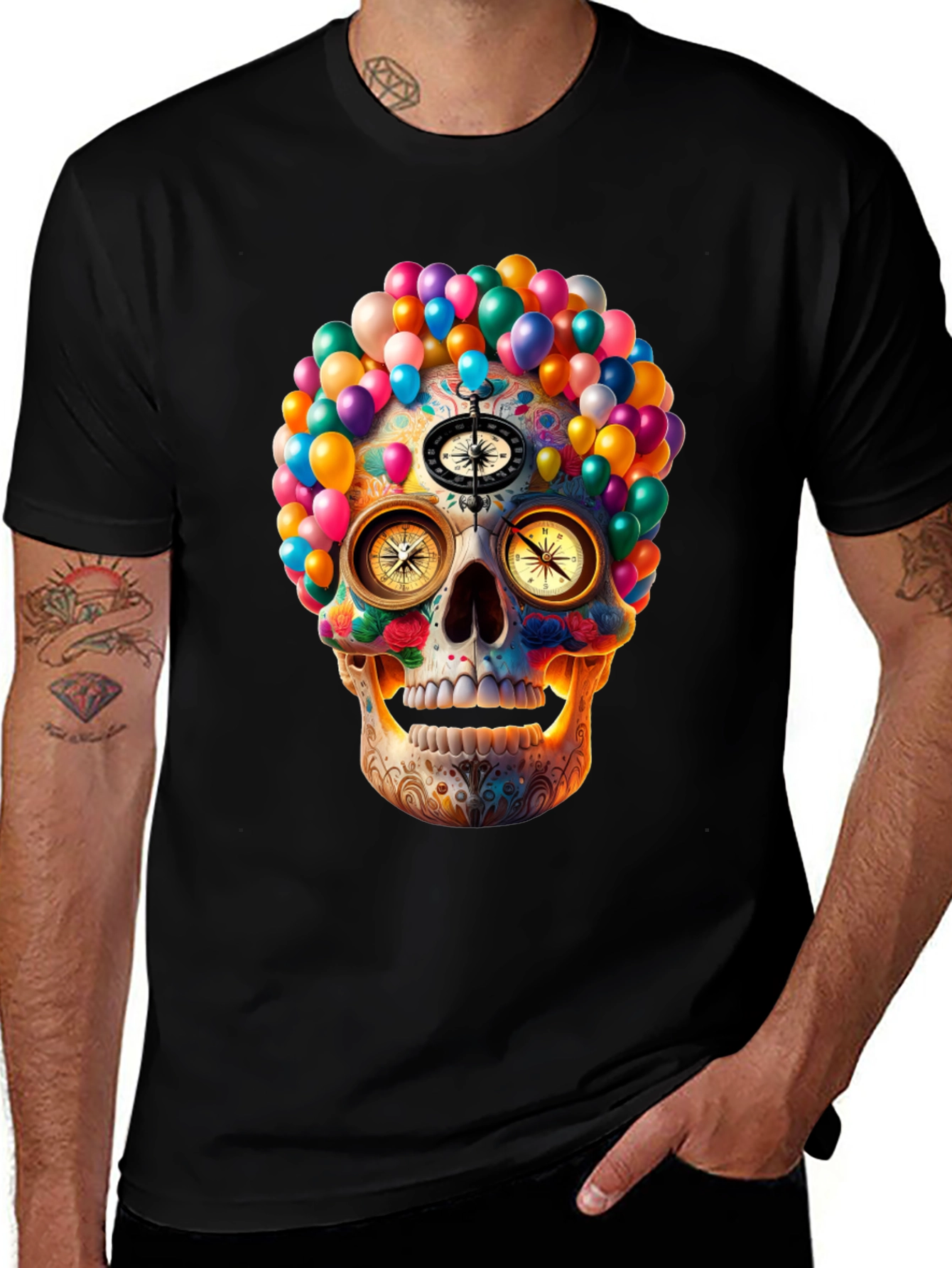 Colorful Skull Compass Graphic T-Shirt