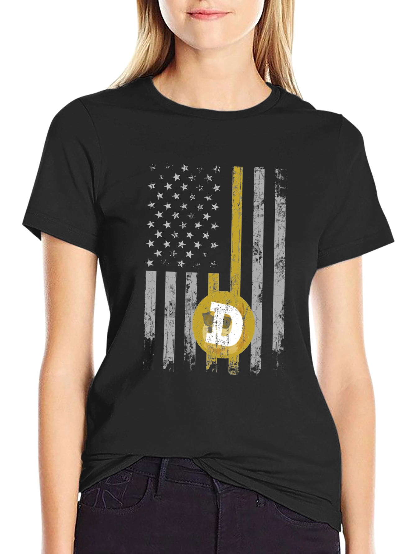 Dogecoin USA Flag Graphic Tee - Black