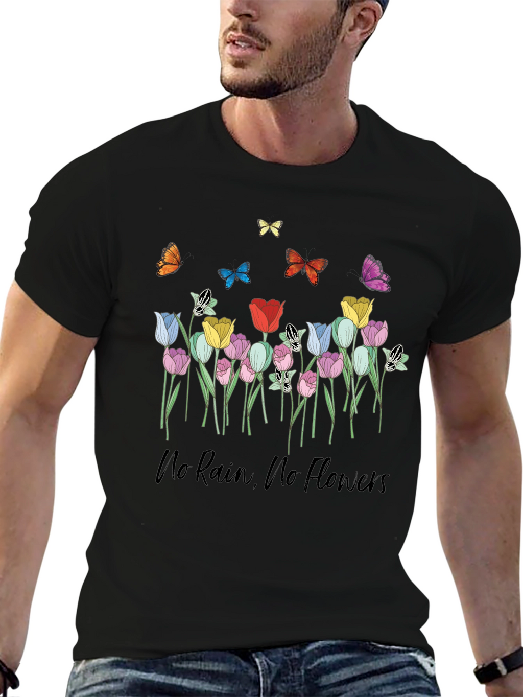 Floral Butterfly T-Shirt - No Rain No Flowers