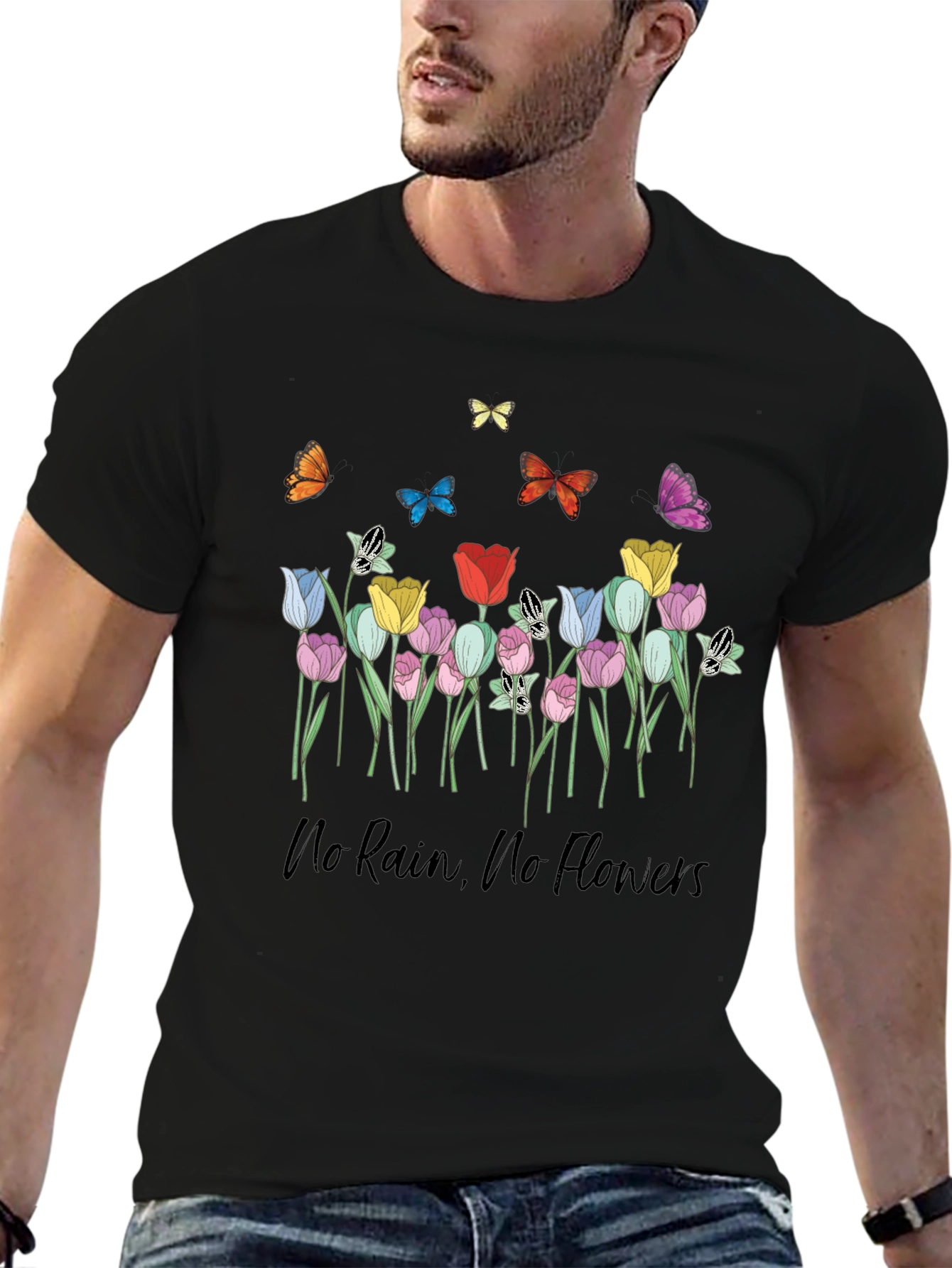 Floral Butterfly T-Shirt - No Rain No Flowers