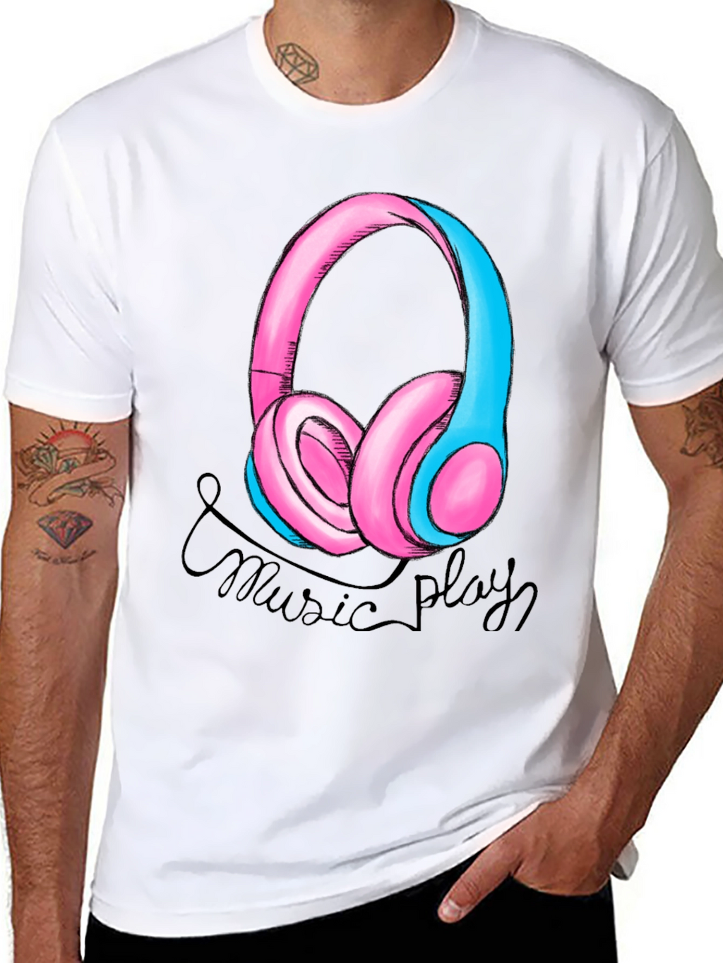 Music Play Headphones Graphic T-Shirt - Black