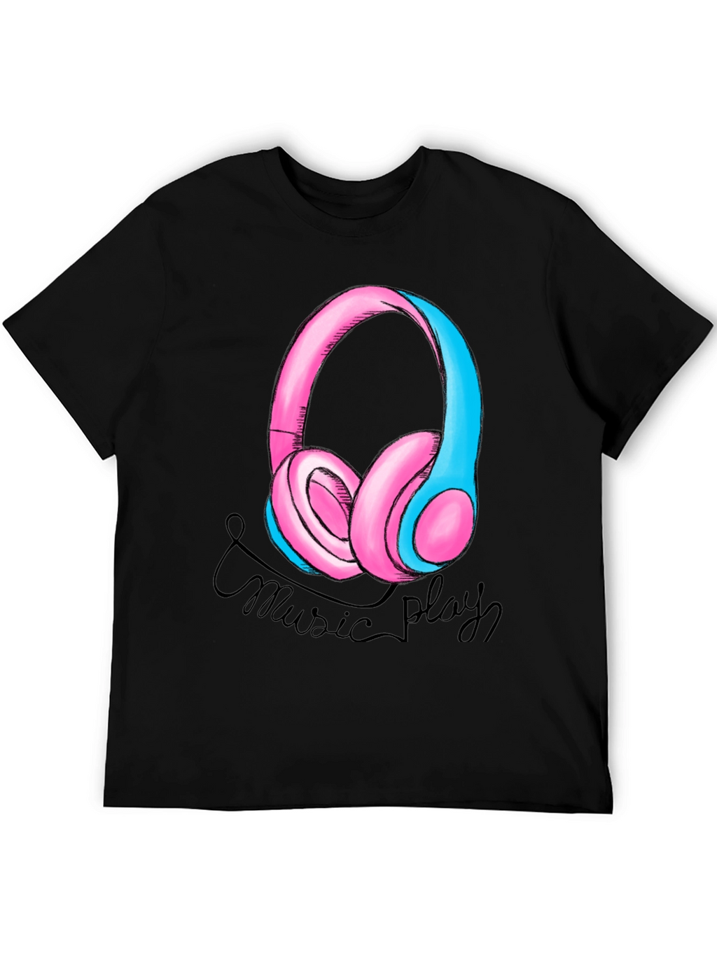 Music Play Headphones Graphic T-Shirt - Black