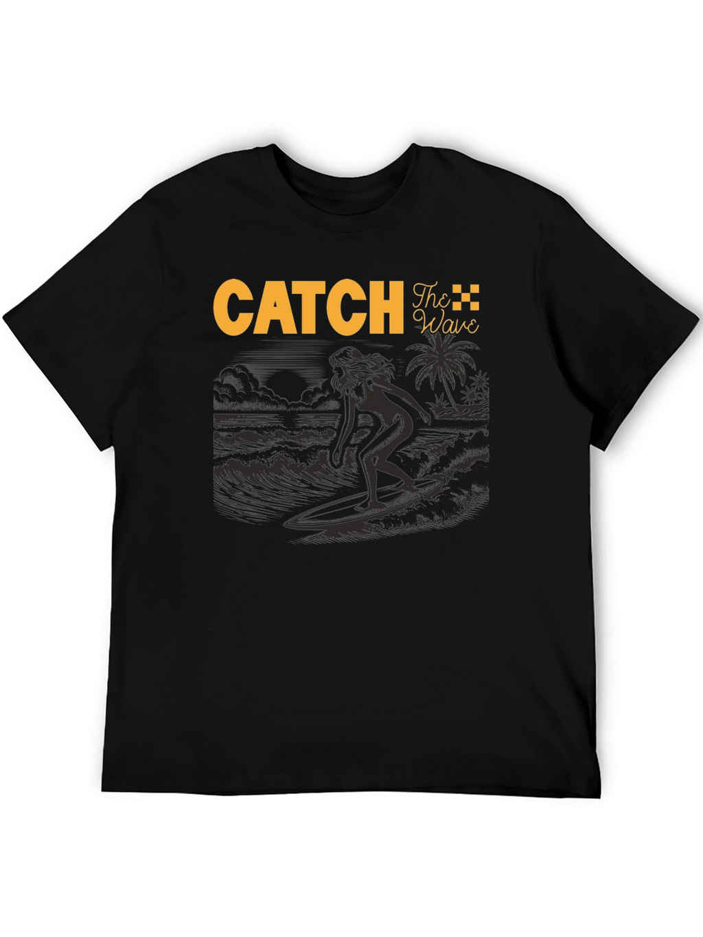 Catch The Wave Black T-Shirt Surfing Design