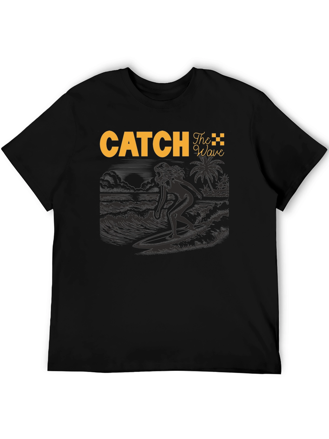 Catch The Wave Black T-Shirt Surfing Design