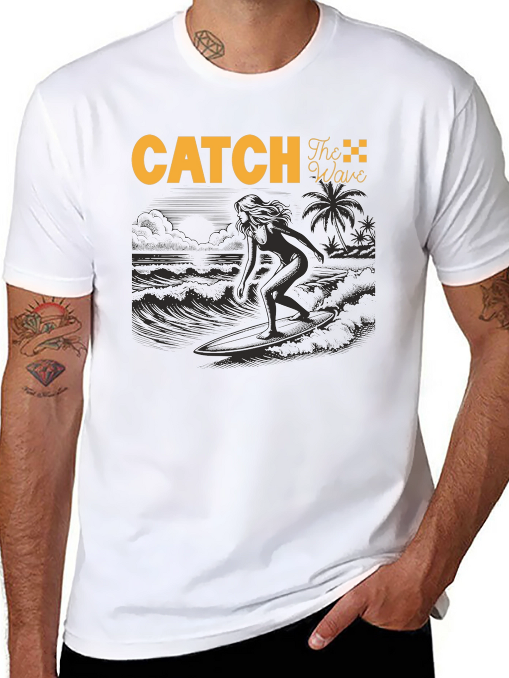Catch The Wave Black T-Shirt Surfing Design