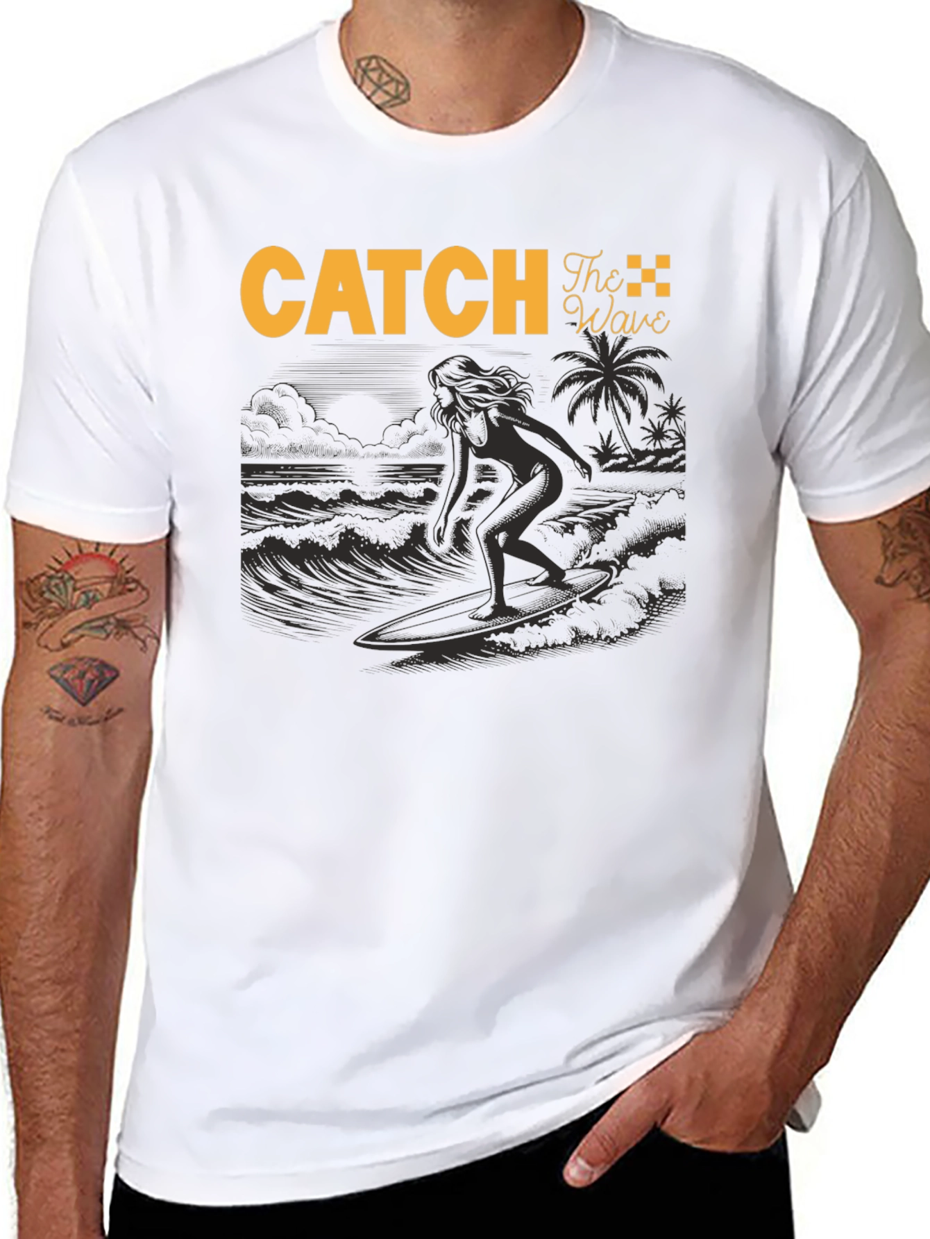 Catch The Wave Black T-Shirt Surfing Design