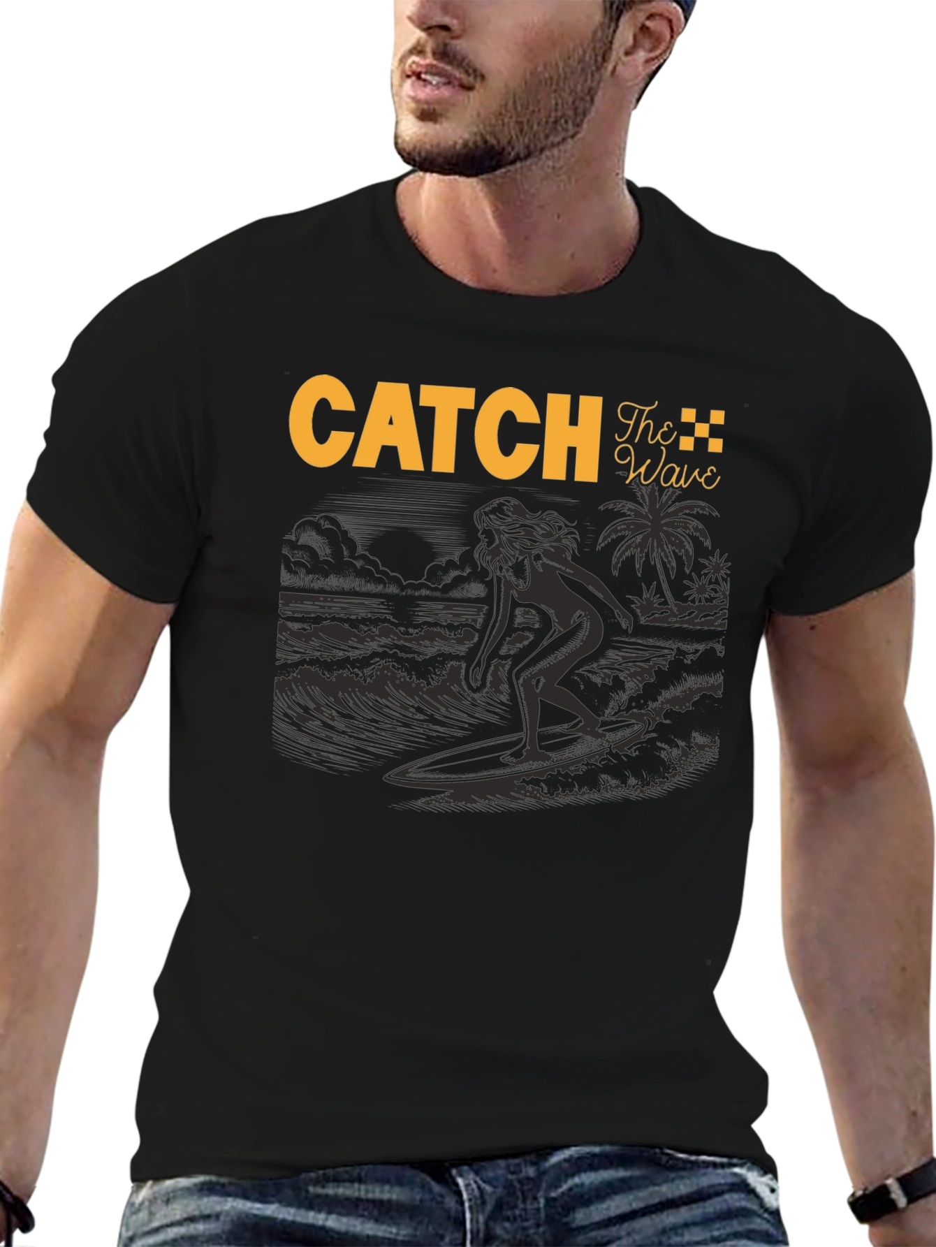 Catch The Wave Black T-Shirt Surfing Design