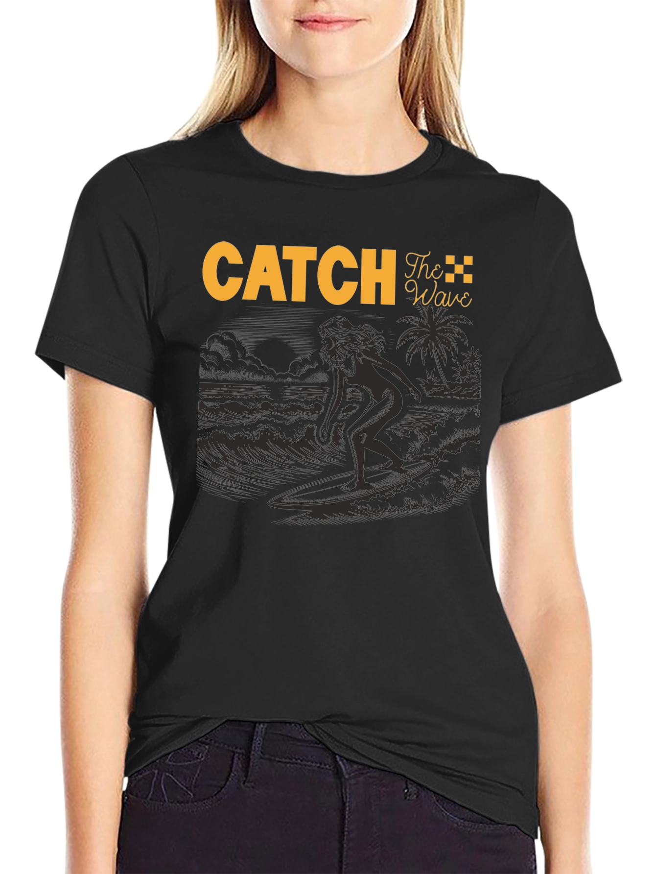 Catch The Wave Black T-Shirt Surfing Design