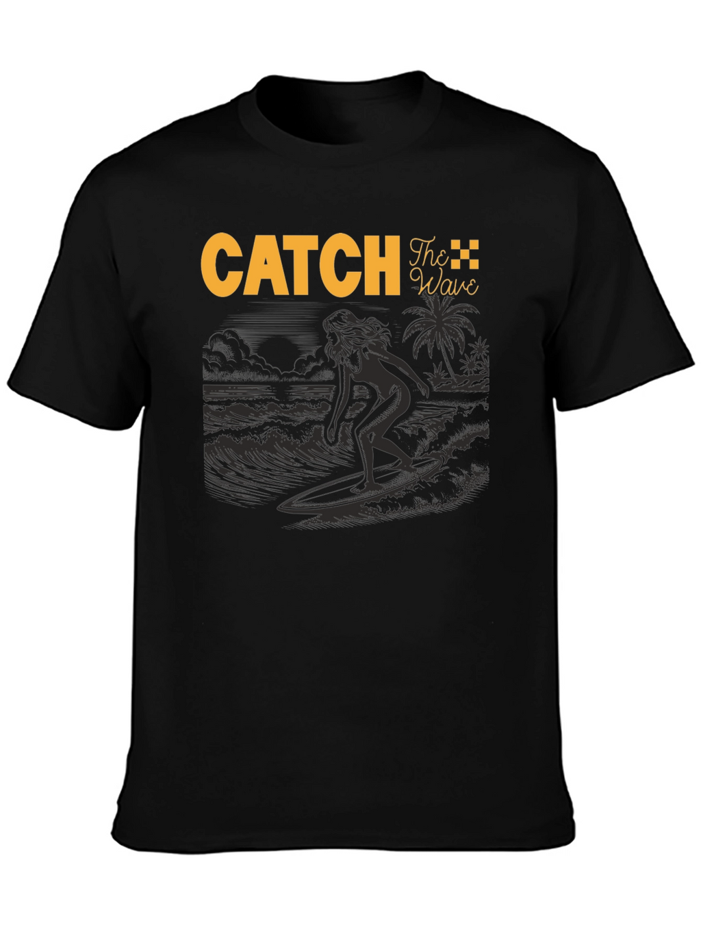Catch The Wave Black T-Shirt Surfing Design