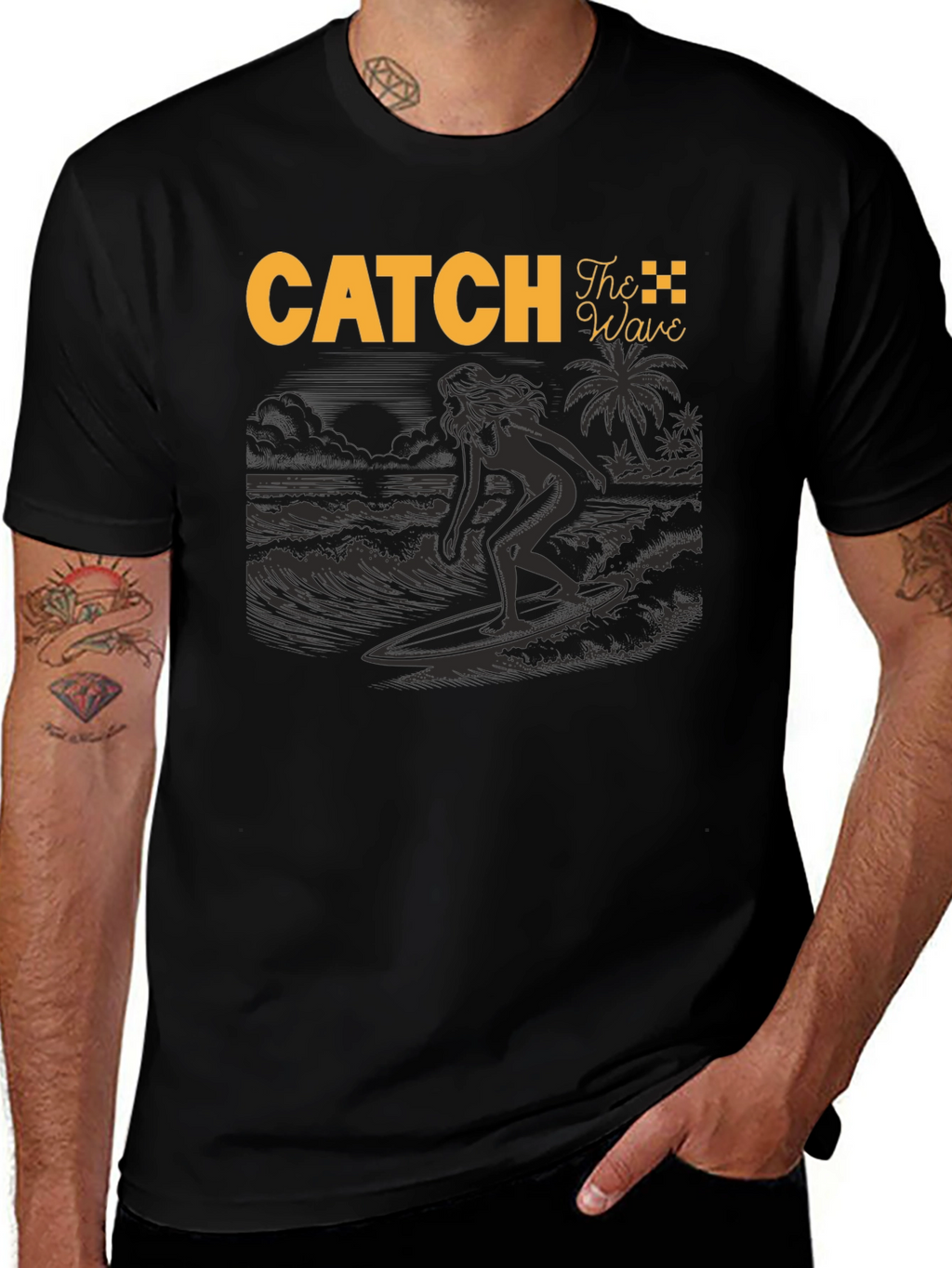 Catch The Wave Black T-Shirt Surfing Design