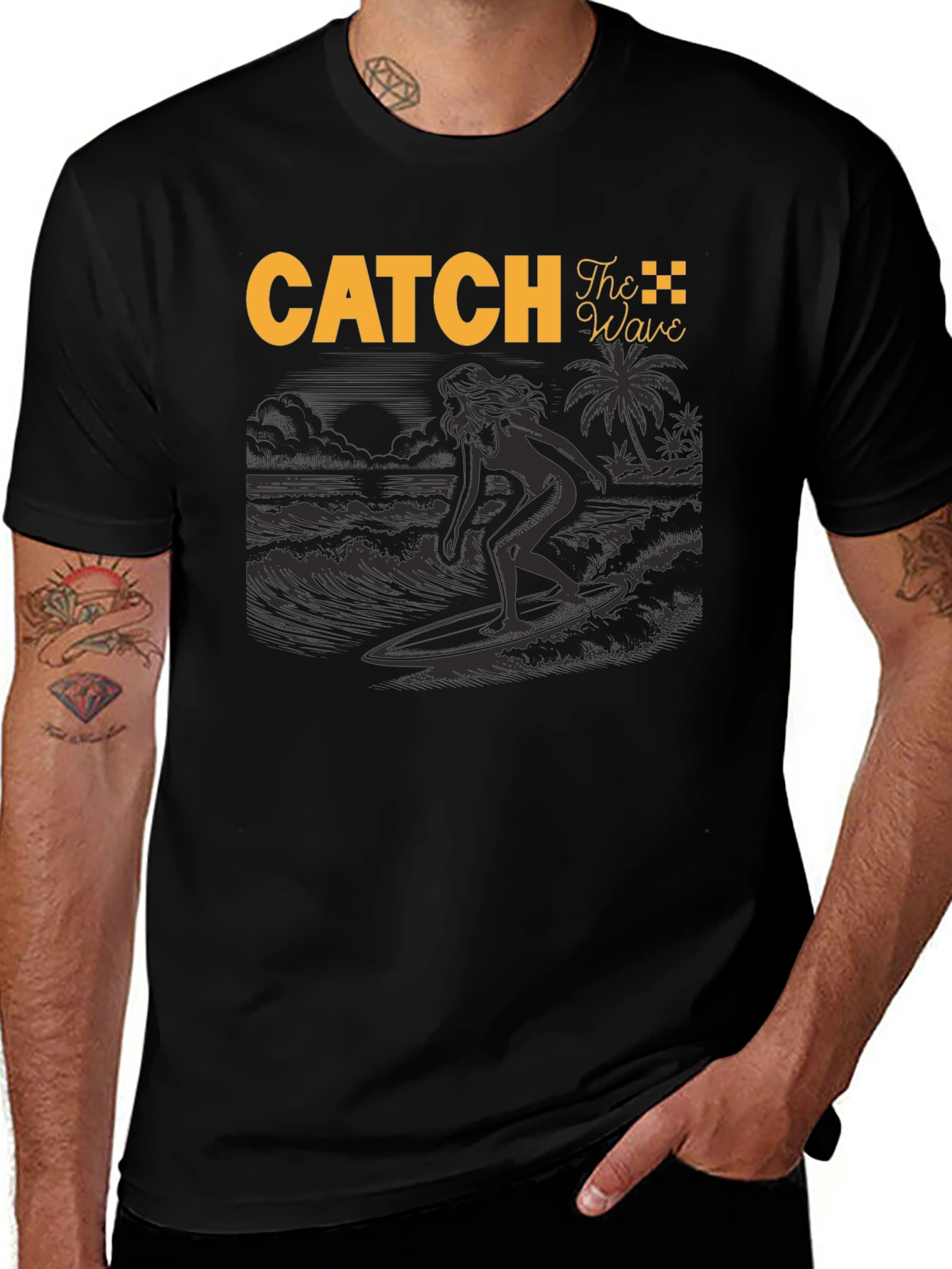 Catch The Wave Black T-Shirt Surfing Design