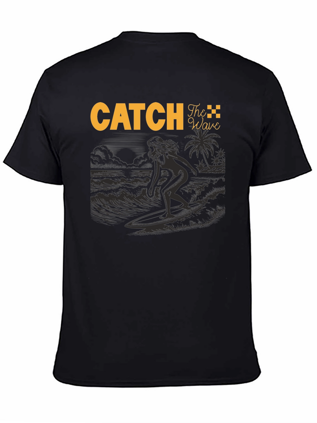 Catch The Wave Black T-Shirt Surfing Design